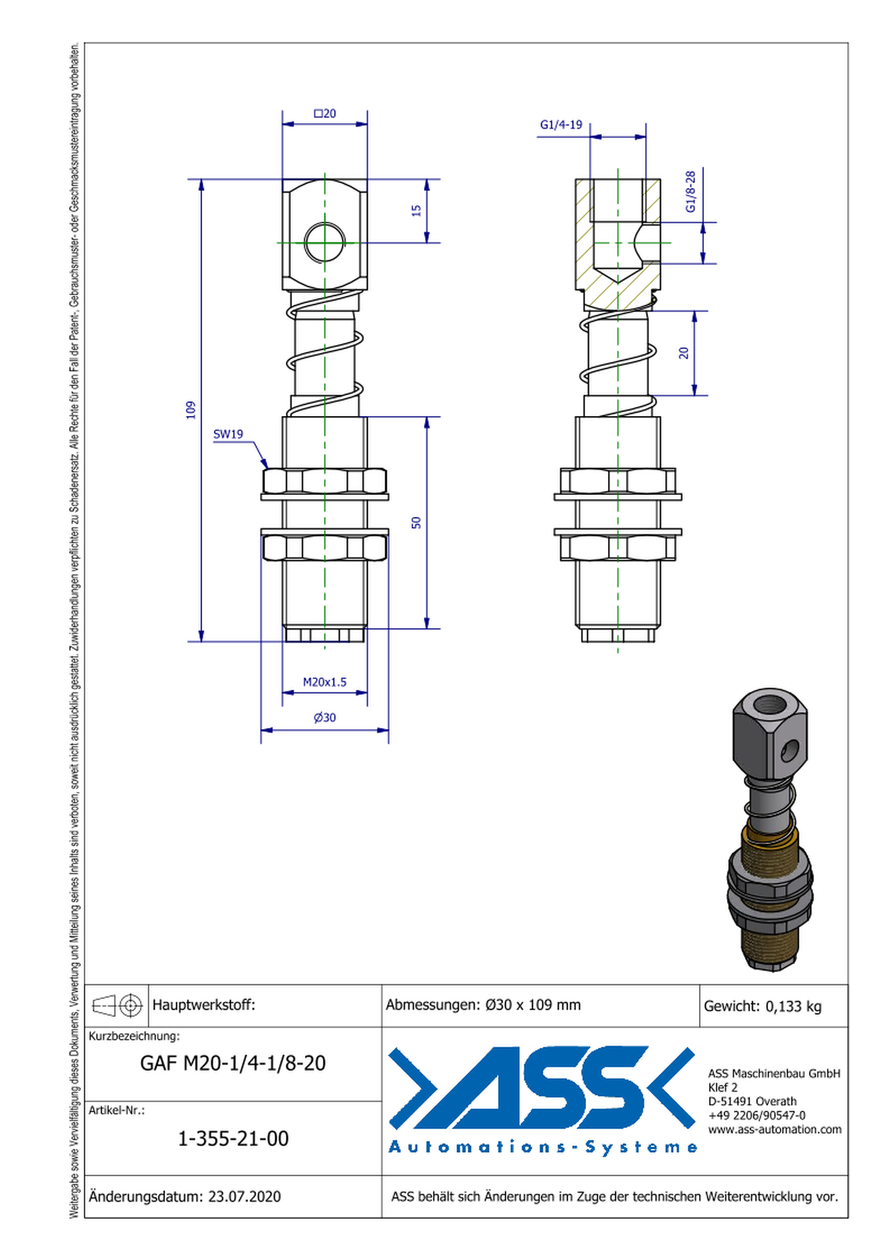 GAF M20-1/4-1/8-20 Spring Loaded Gripper Arm