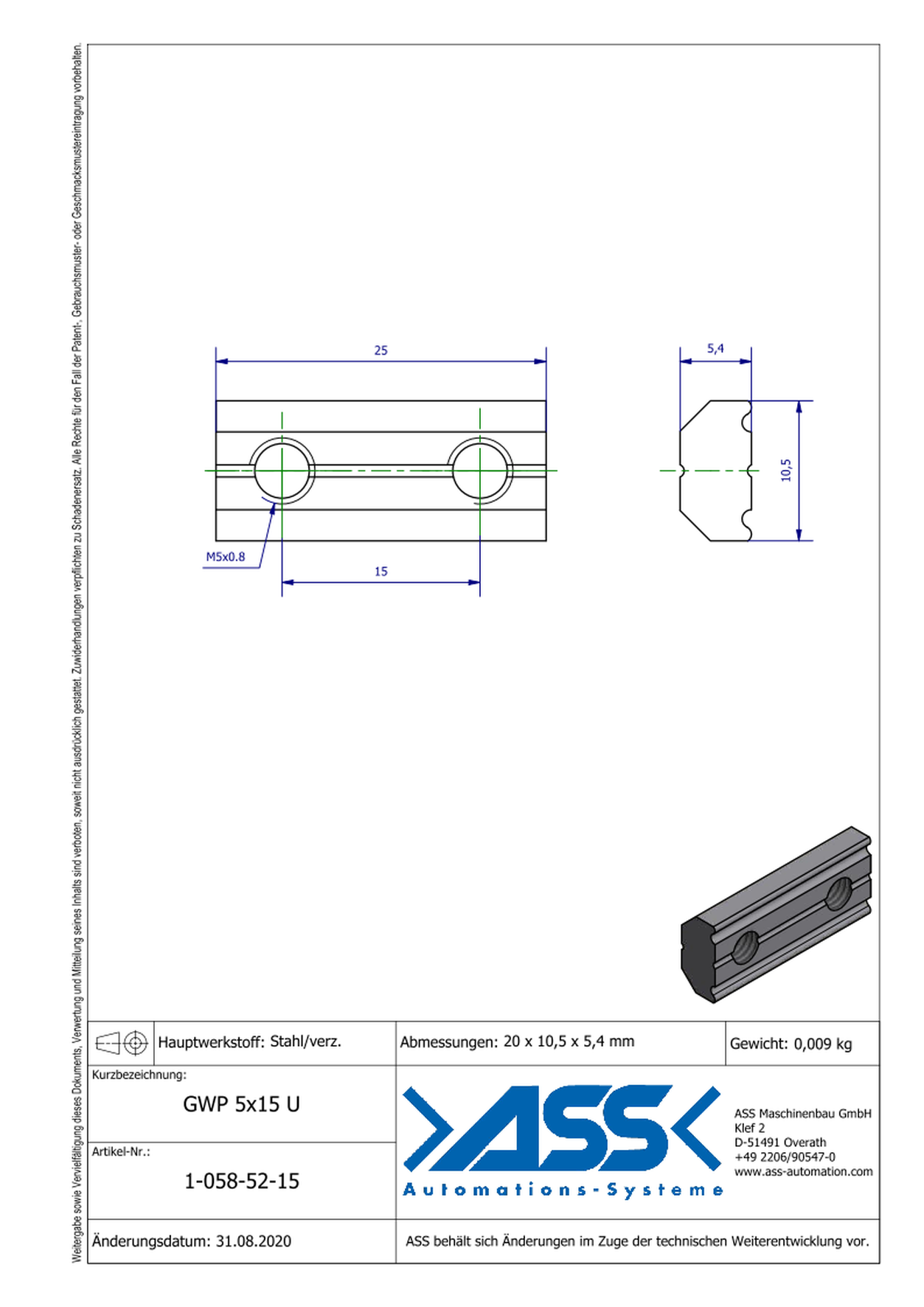 GWP 5-15 U Channel Nut with two Threads M5