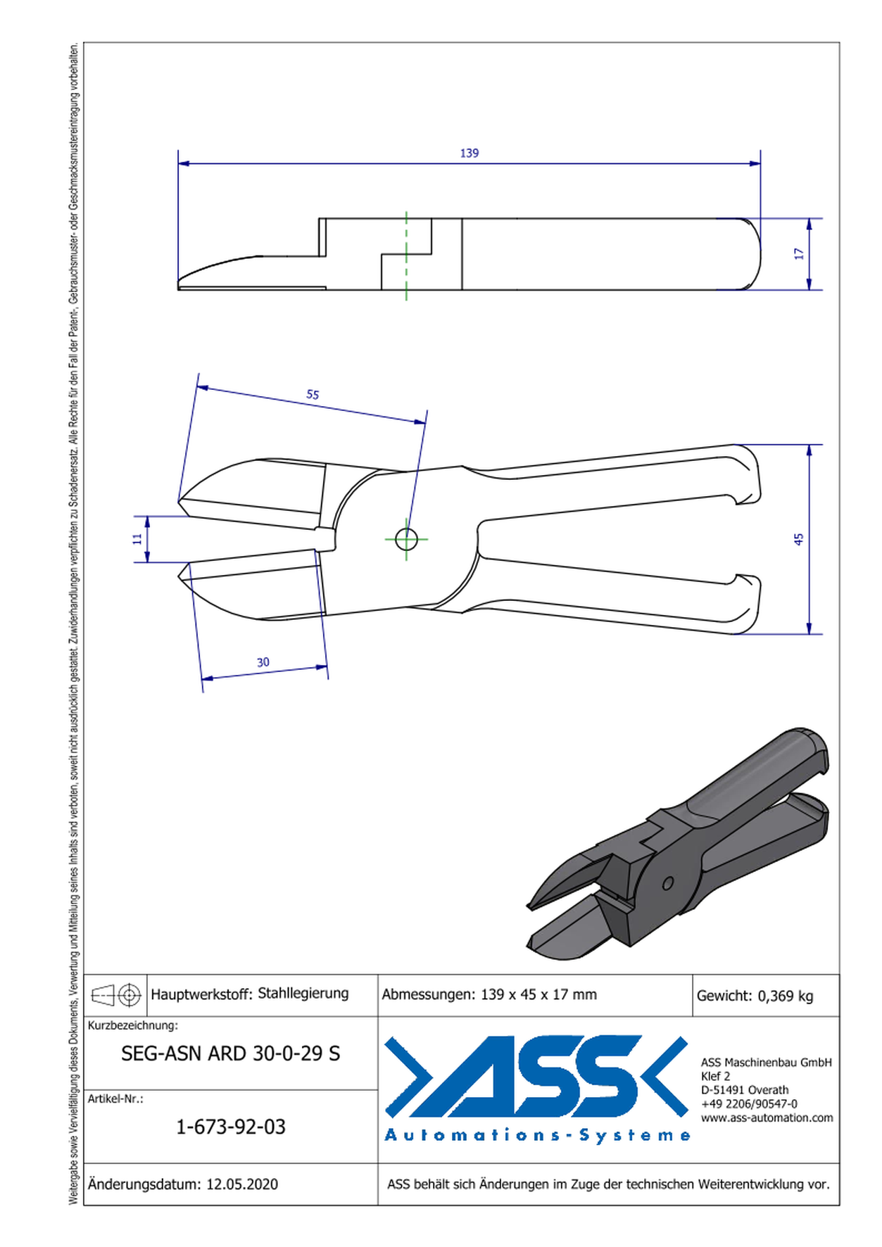 SEG-ASN-ARD30-0-29S Nipper Blade, Straight Form for ASN 30 ARD