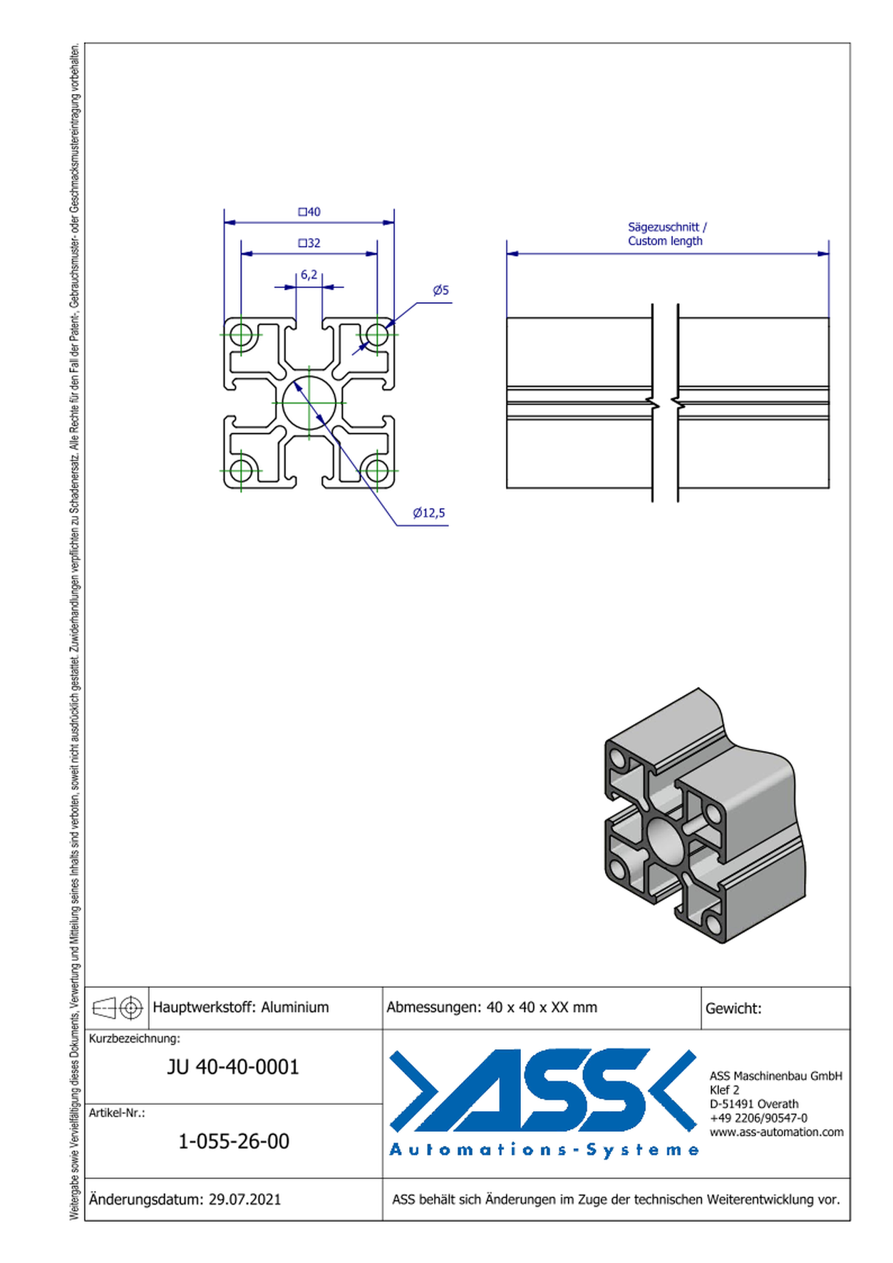 JU 40-40-0001 Aluminiumprofile Length: Individual Cut