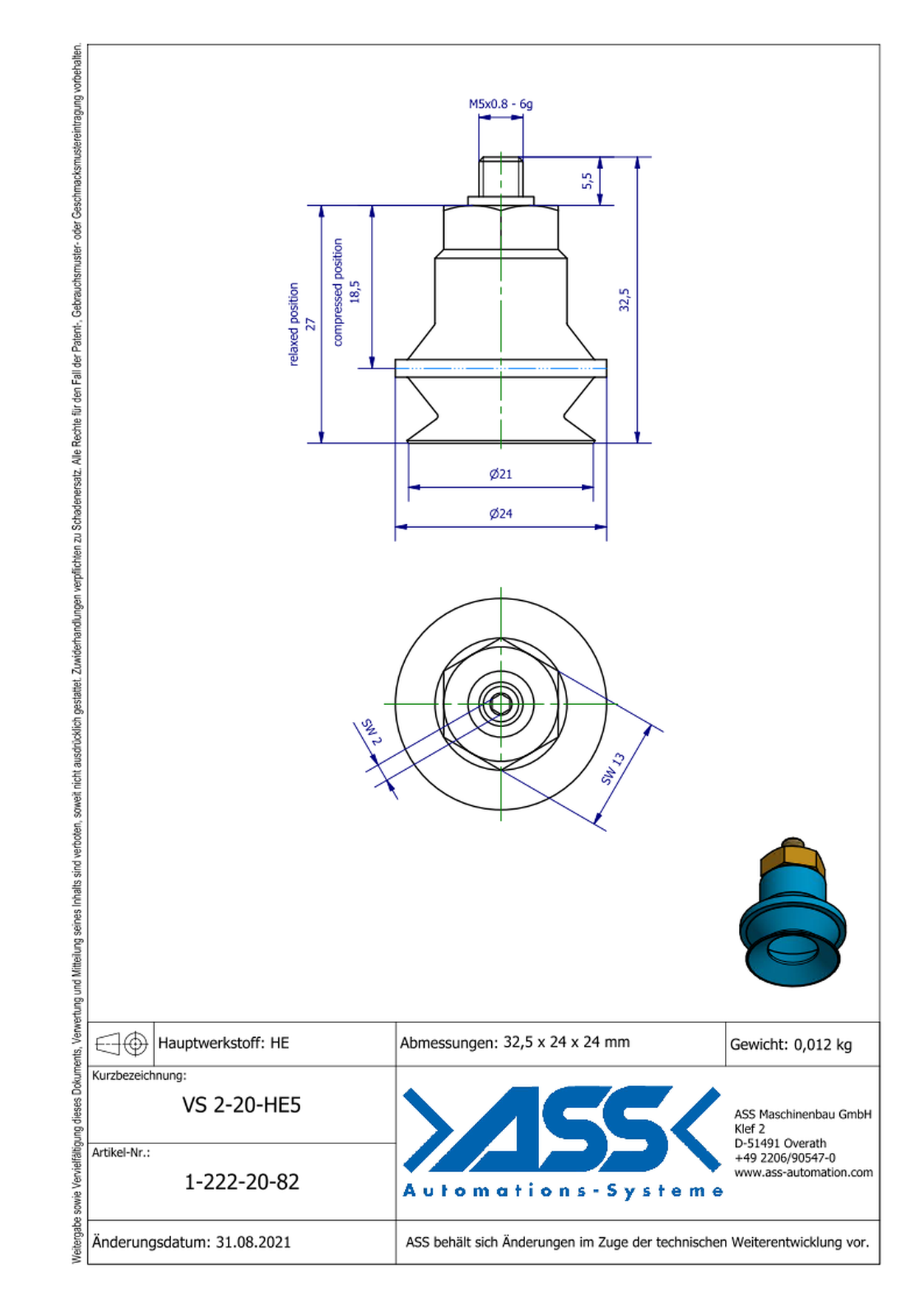 VS 2-20-HE5 Vacuum Cup, 2 Bellows