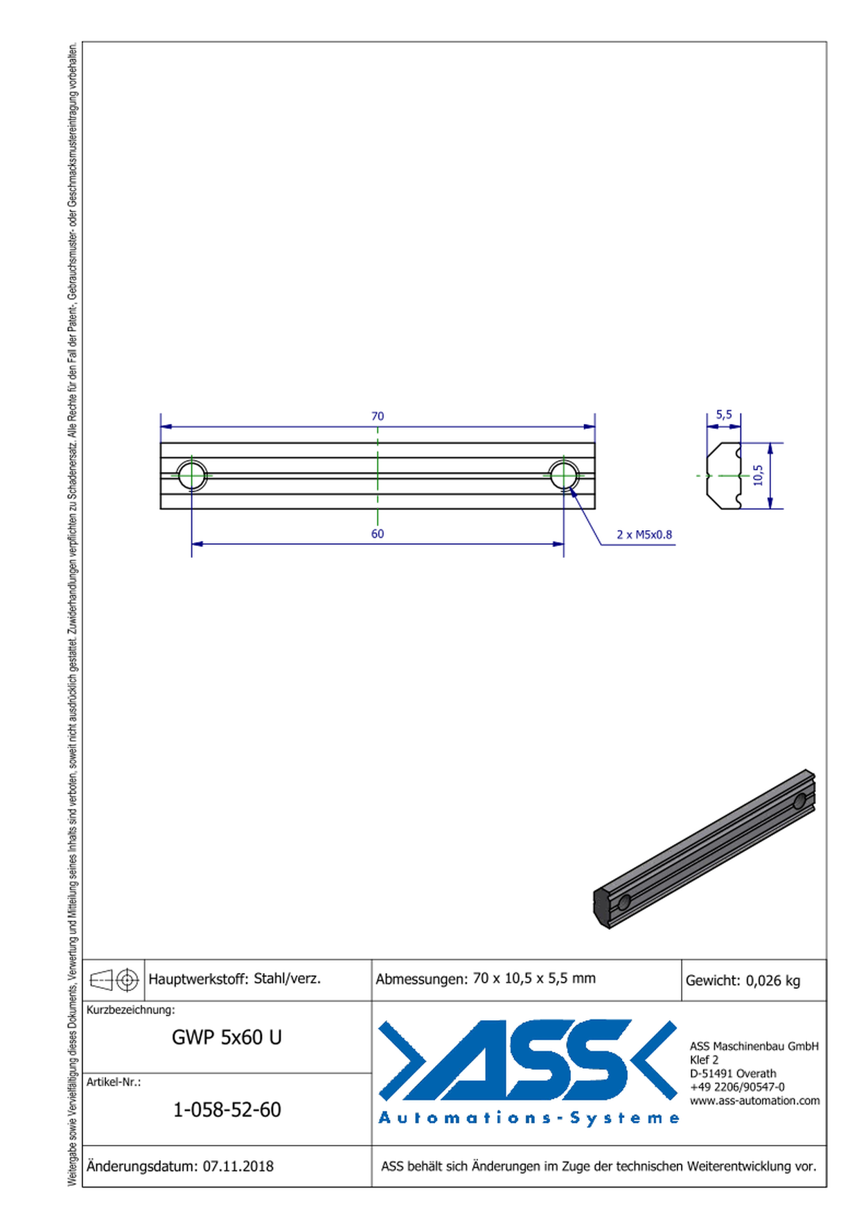 GWP 5-60 U Channel Nut with two Threads M5