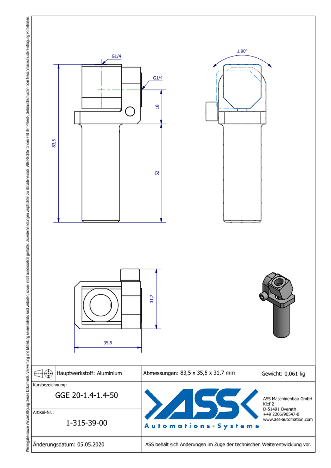 GGE 20-1/4-1/4-50 Elbow Gripper Arm for Vacuum Cups