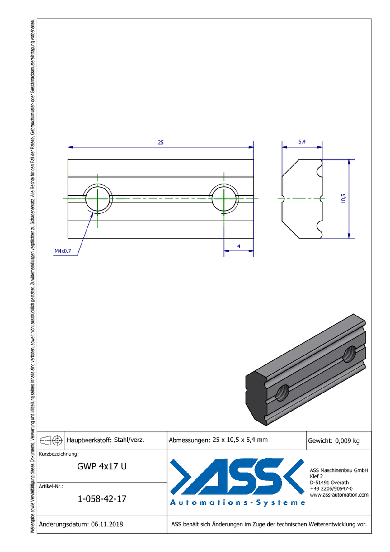 GWP 4-17 U Channel Nut with two Threads M4