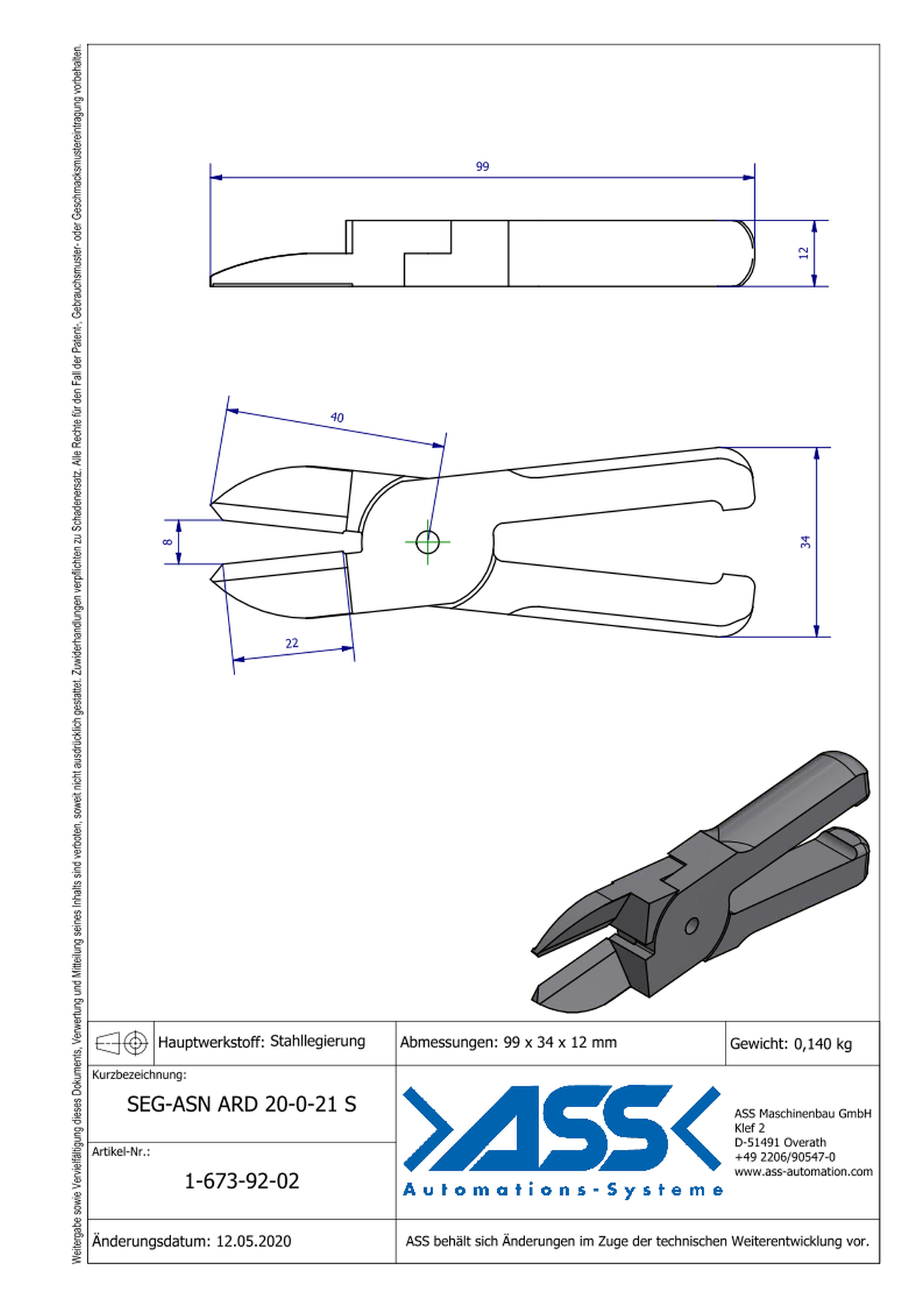 SEG-ASN-ARD20-0-21S Nipper Blade, Straight Form for ASN 20 ARD