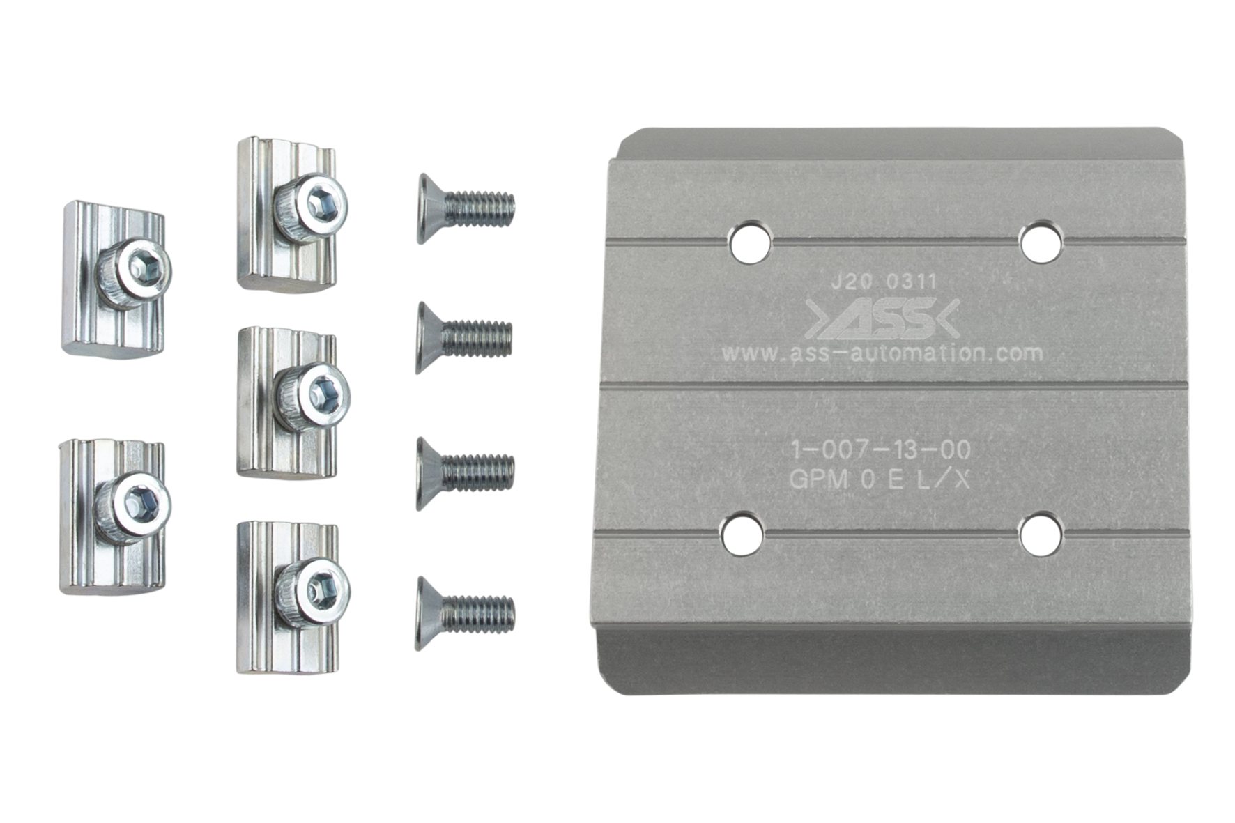 GPM 2 E X Gripper (EOAT) Base Plate, extruded recommended for profile: L 18-18; X-Profile, : Type 1 = 4x channel nut M4, with lock against rotation, Recommended max. handling weight: 3 kg, Size: 000-BG