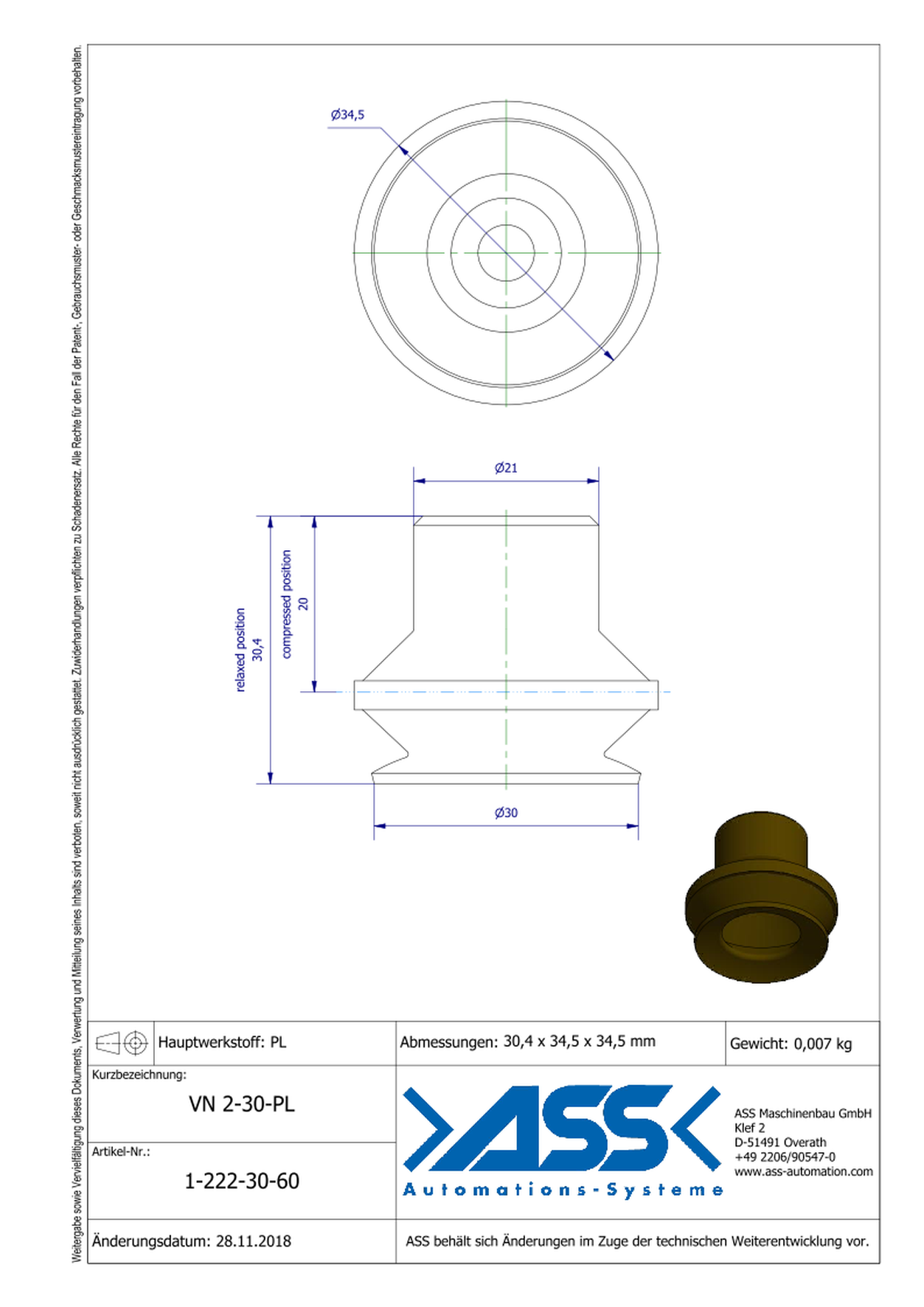 VN 2-30-PL Suction Cup, 2 Bellows