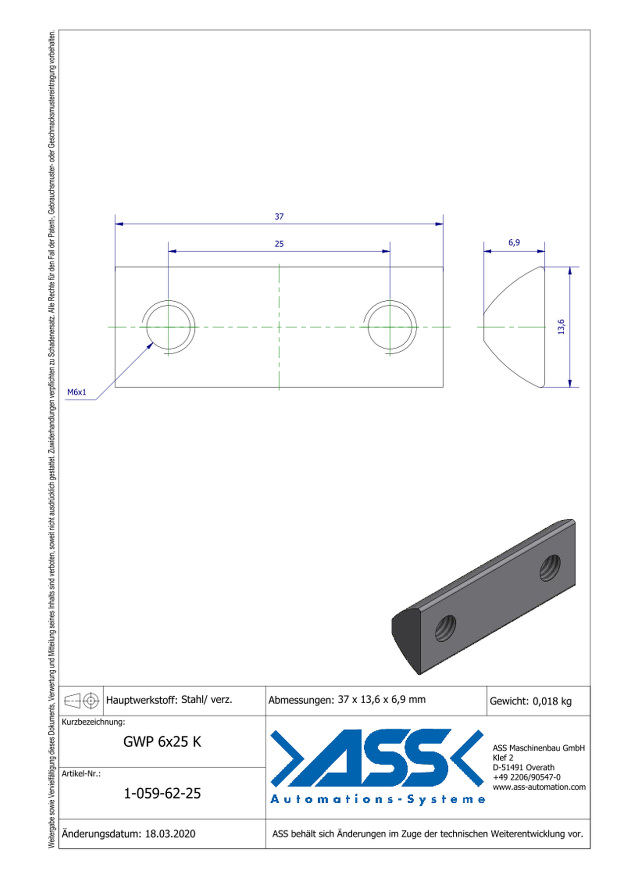 GWP 6-25 K Channel Nut with two Threads M6