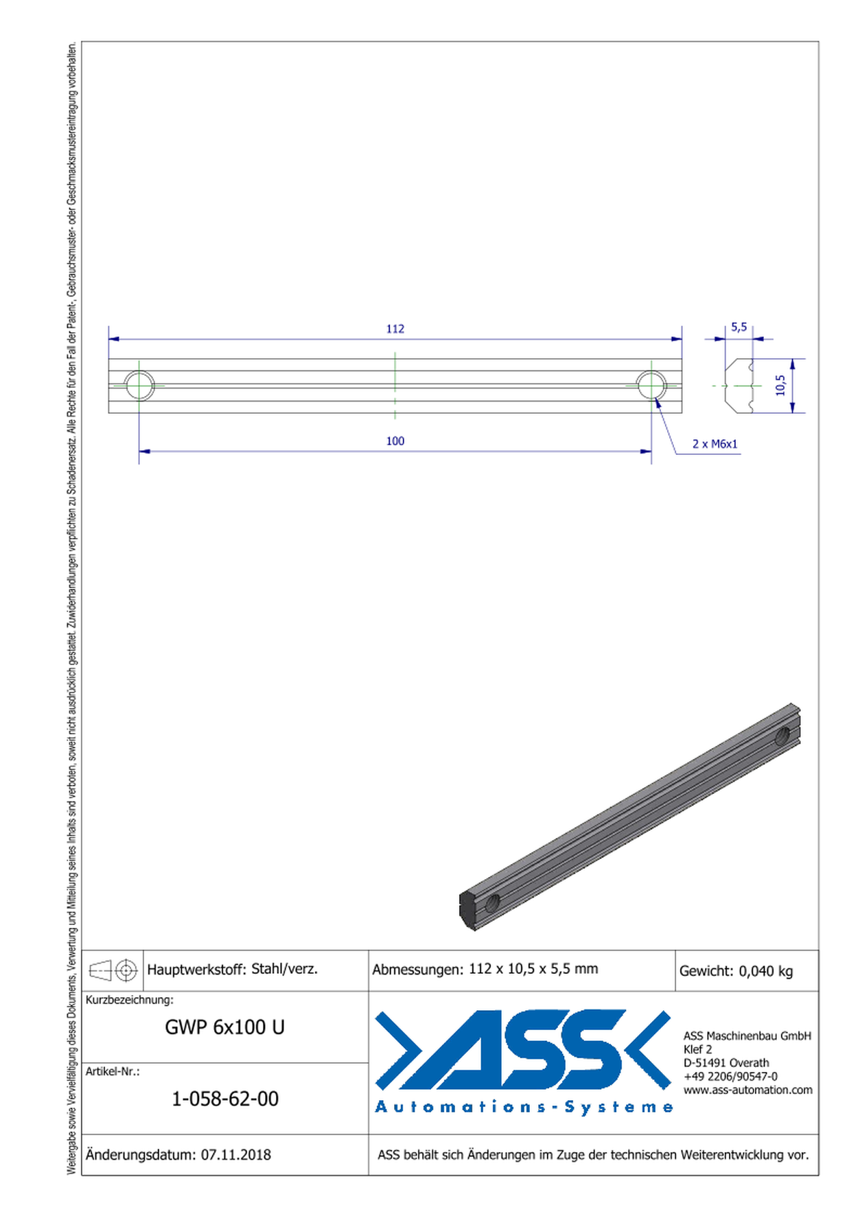 GWP 6-100 U Channel Nut with two Threads M6