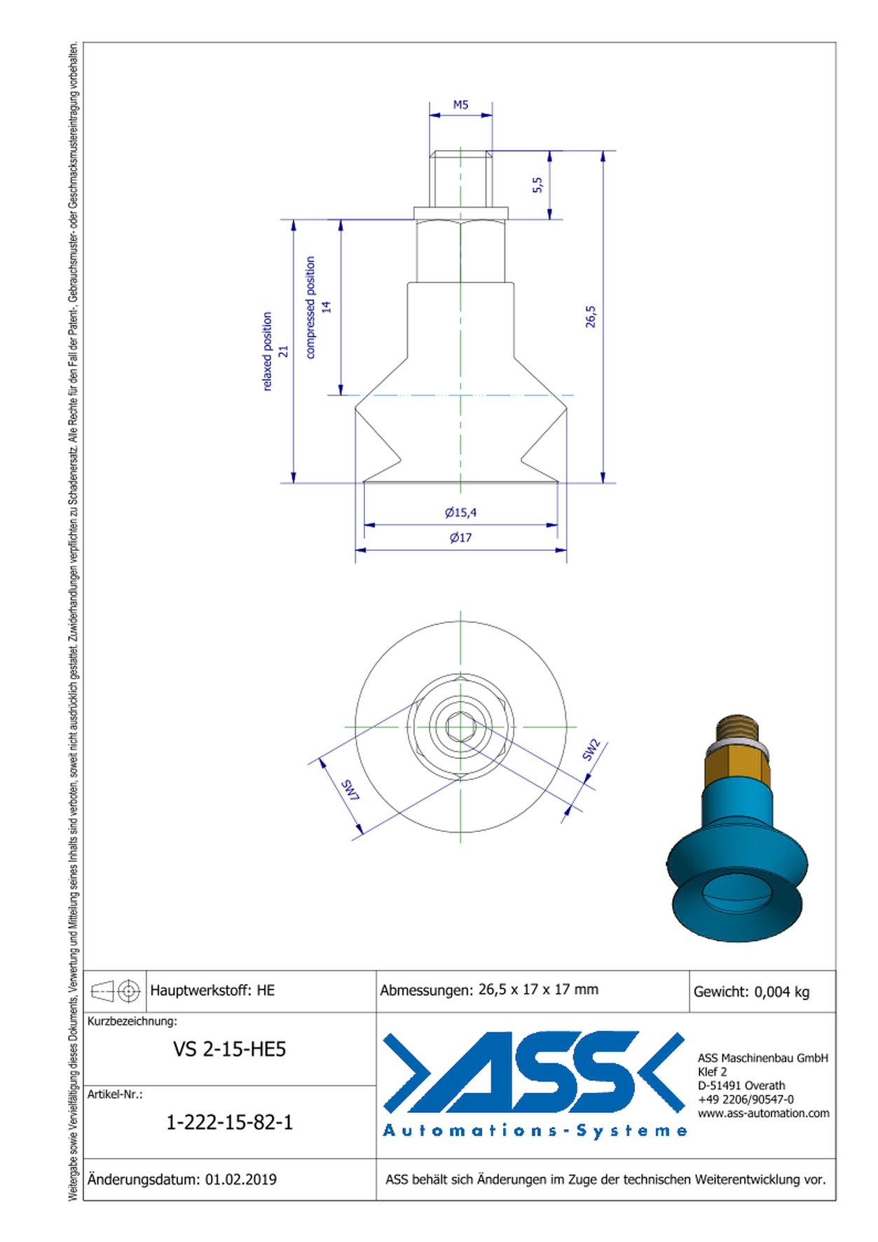 VS 2-15-HE5  (new version) Vacuum Cup, 2 Bellows