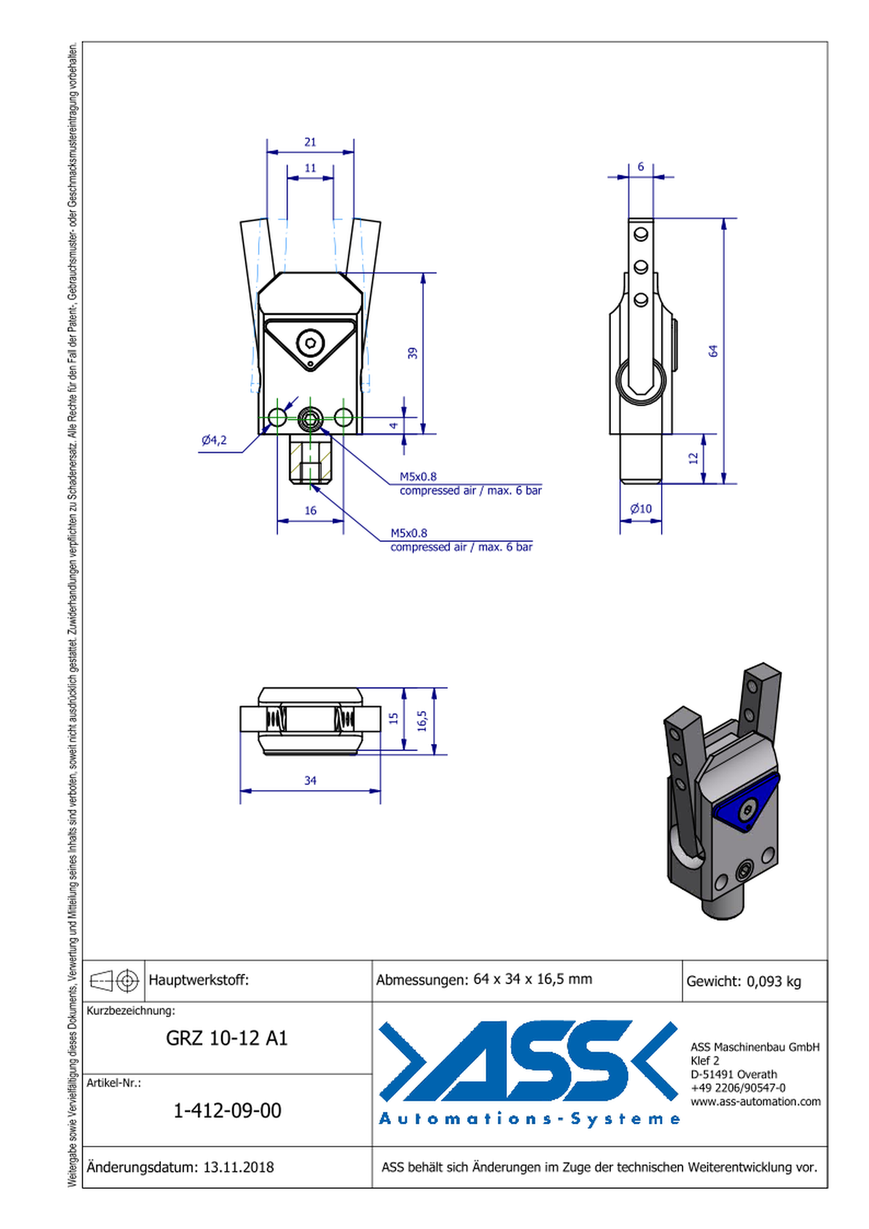 GRZ 10-12 A1 Gripper with Jaw Type: Adapter / Adapter