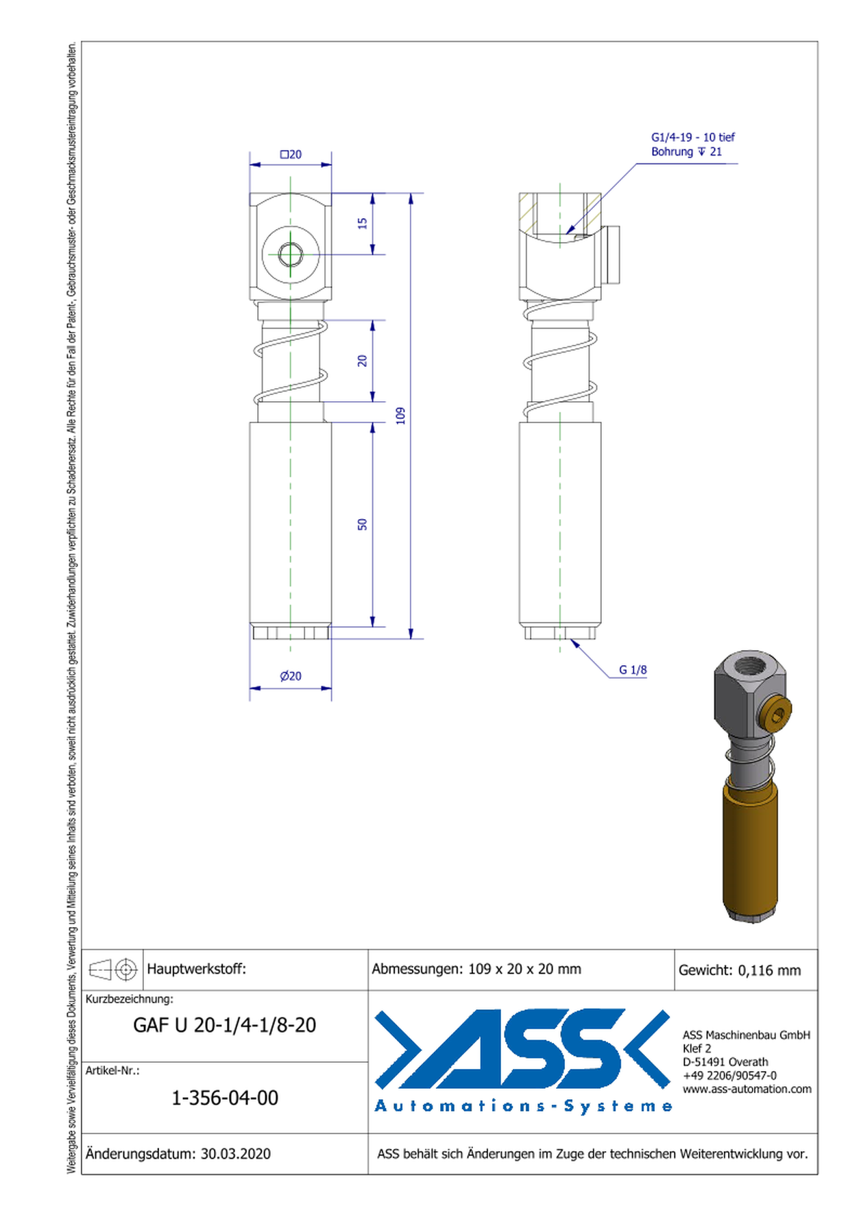 GAF U 20-1/4-1/8-20 Spring Loaded Gripper Arm with Air Duct