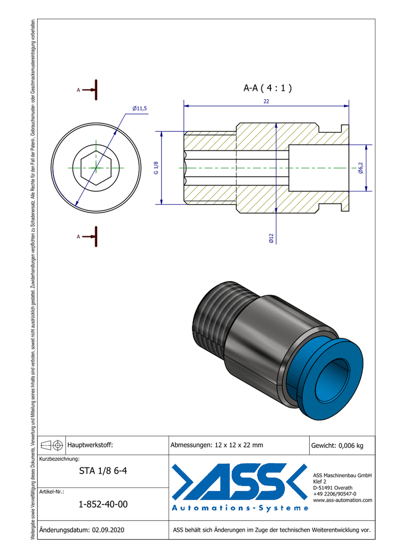 STA 1/8 6-4 Straight Quick Connector for PSS