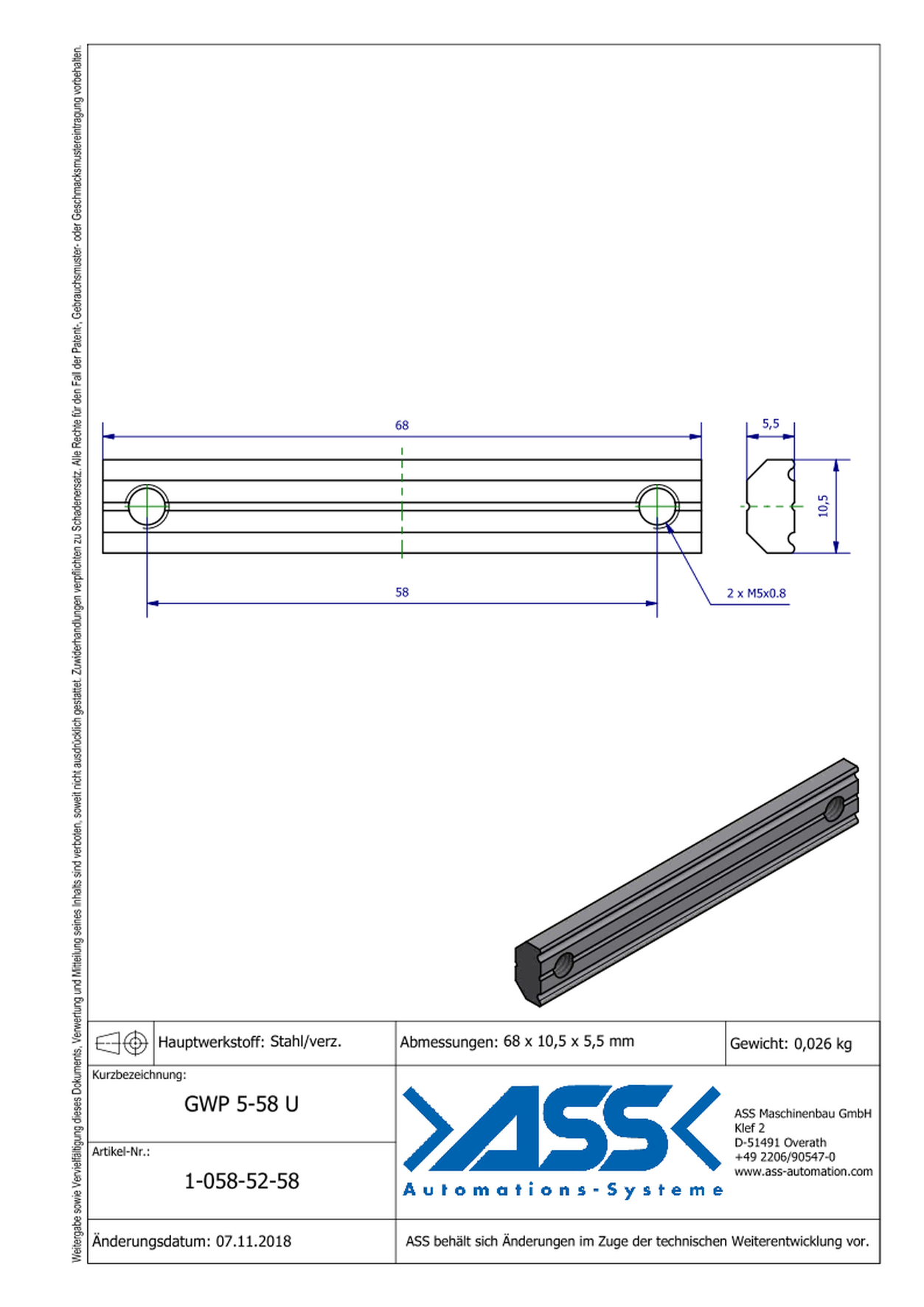 GWP 5-58 U Channel Nut with two Threads M5