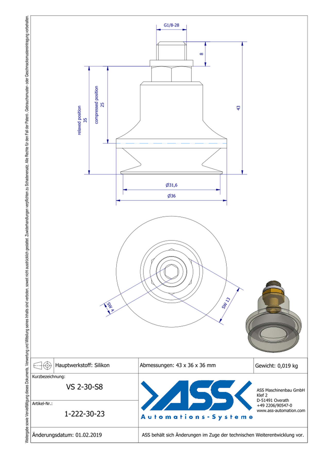 VS 2-30-S8 Vacuum Cup, 2 Bellows