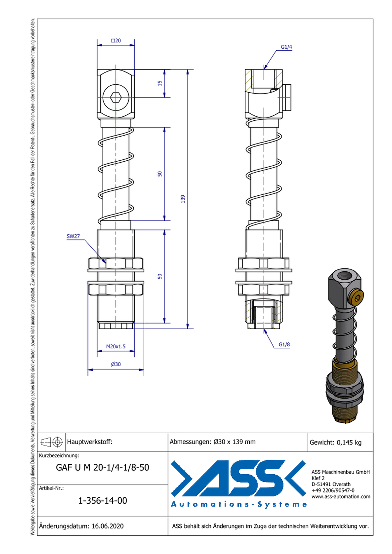 GAF U M20-1/4-1/8-50 Spring Loaded Gripper Arm with Air Duct