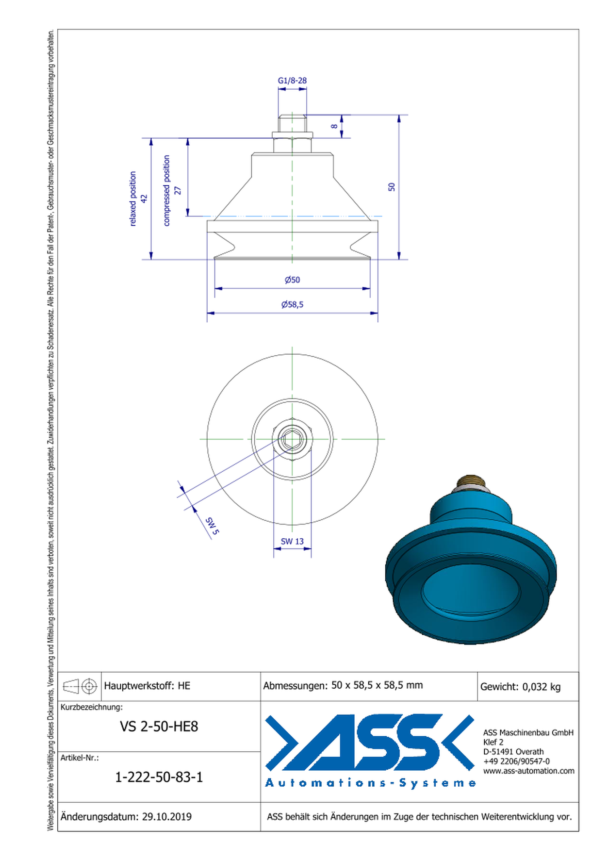 VS 2-50-HE8 (new version) Suction Cup, 2 Bellows