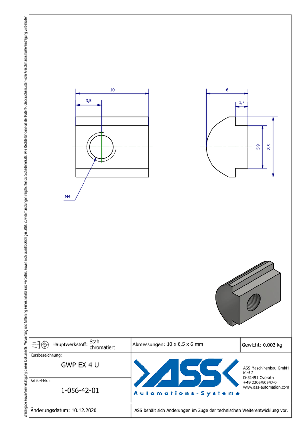 GWP EX 4 U Channel Nut, "Swivel-In", with one Thread M4