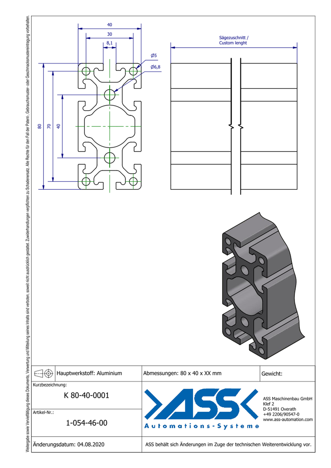 K 80-40-0001  Aluminiumprofile Length: Individual Cut