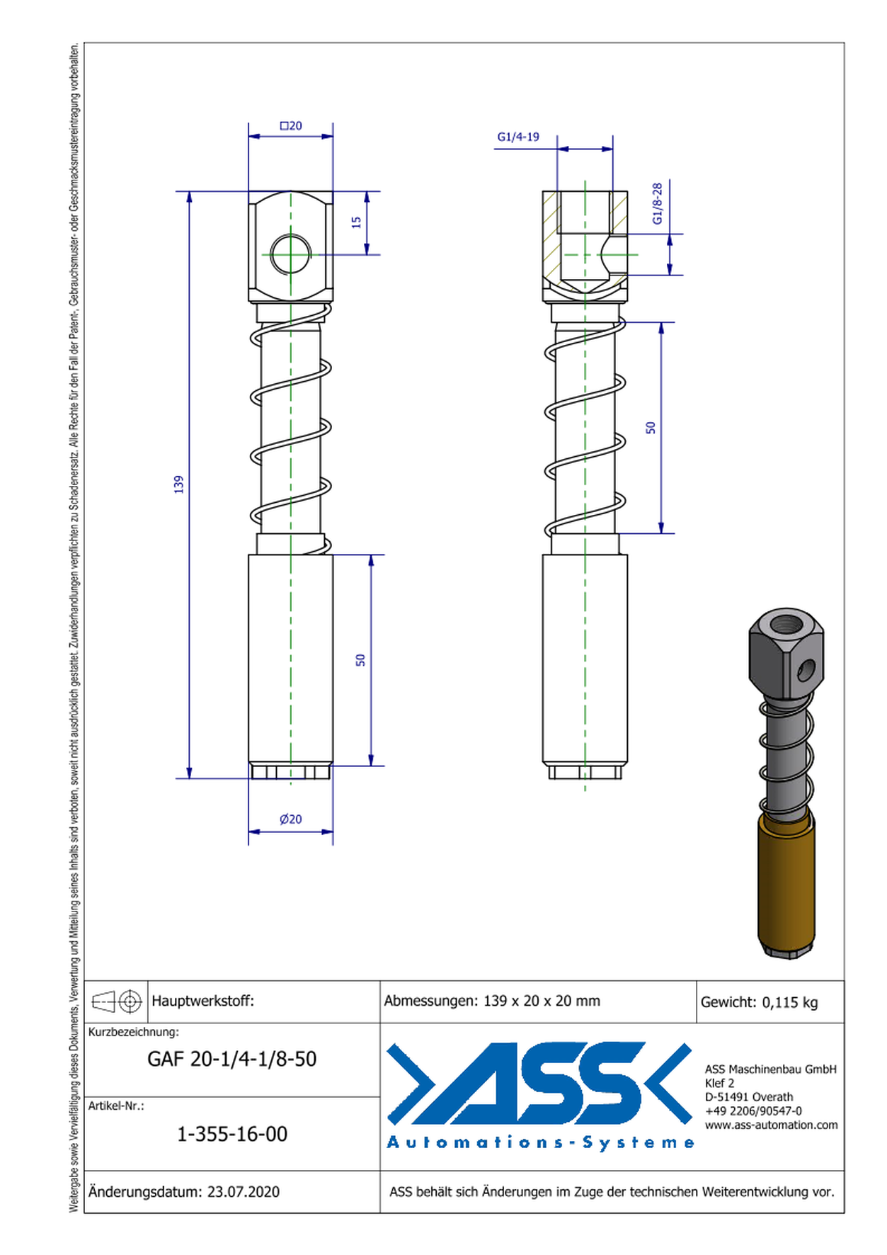 GAF 20-1/4-1/8-50 Spring Loaded Gripper Arm