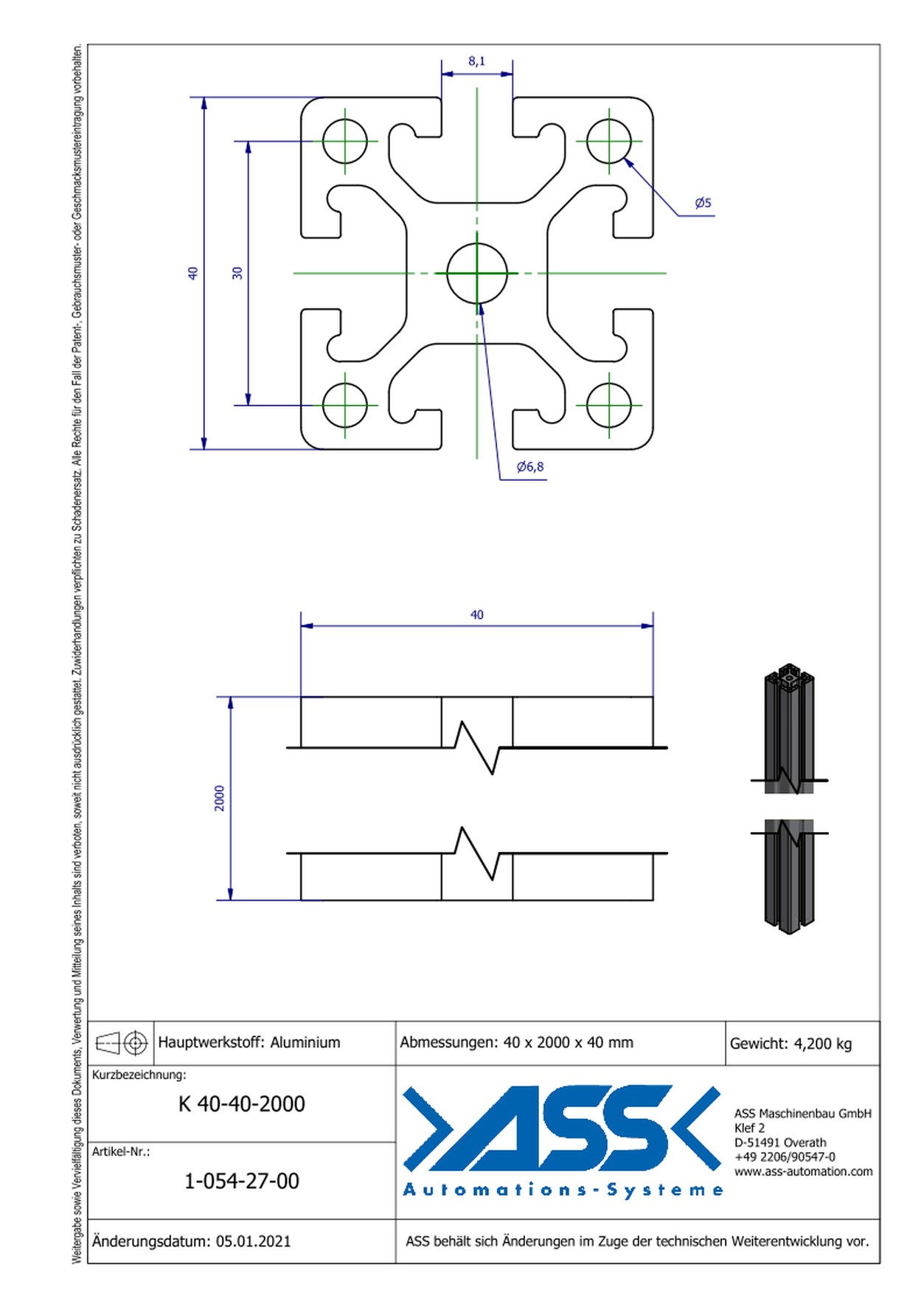 K 40-40-2000  Aluminiumprofile 2000 mm