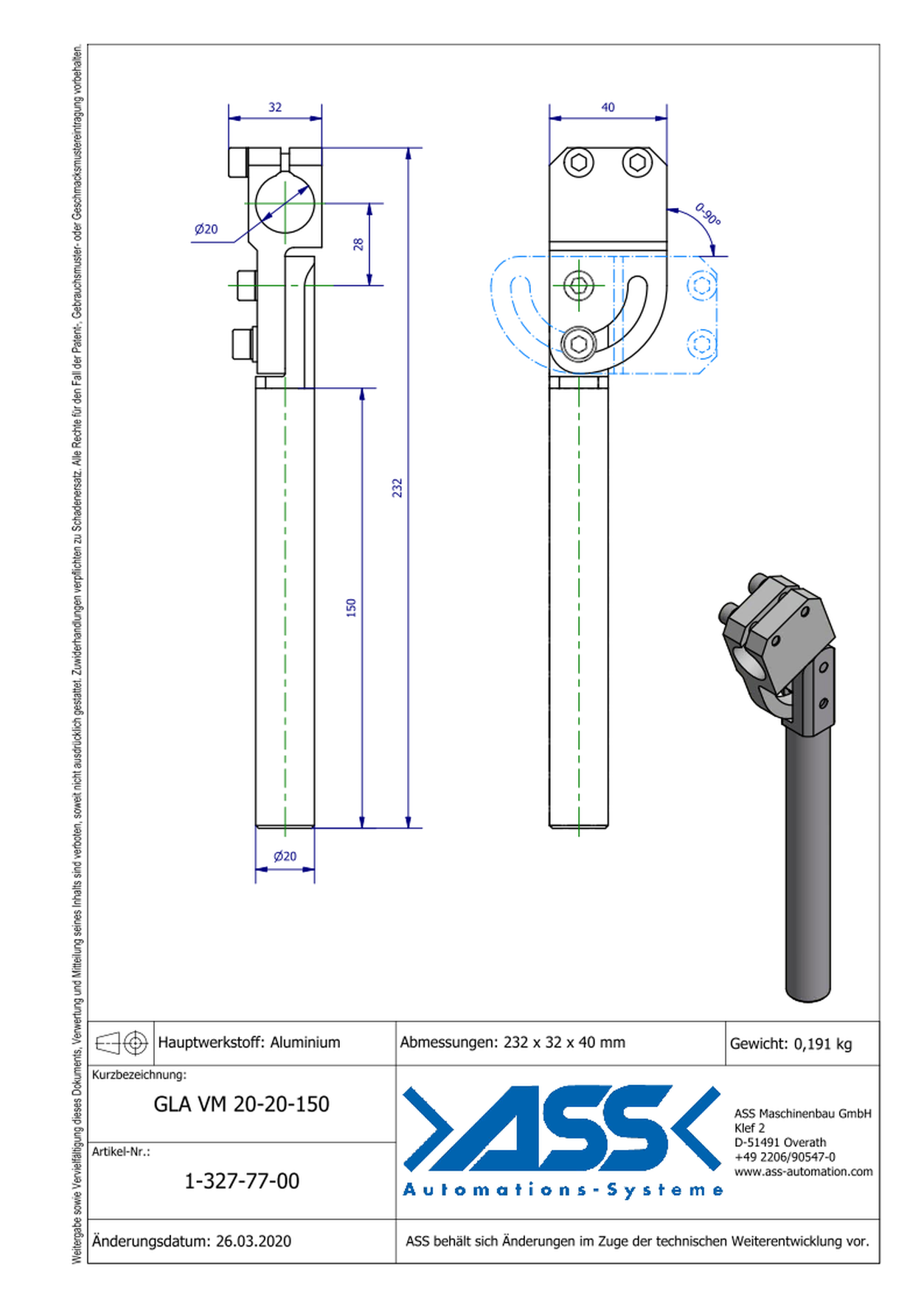 GLA VM 20-20-150 Elbow Gripper Arm, reinfoced, mirrored