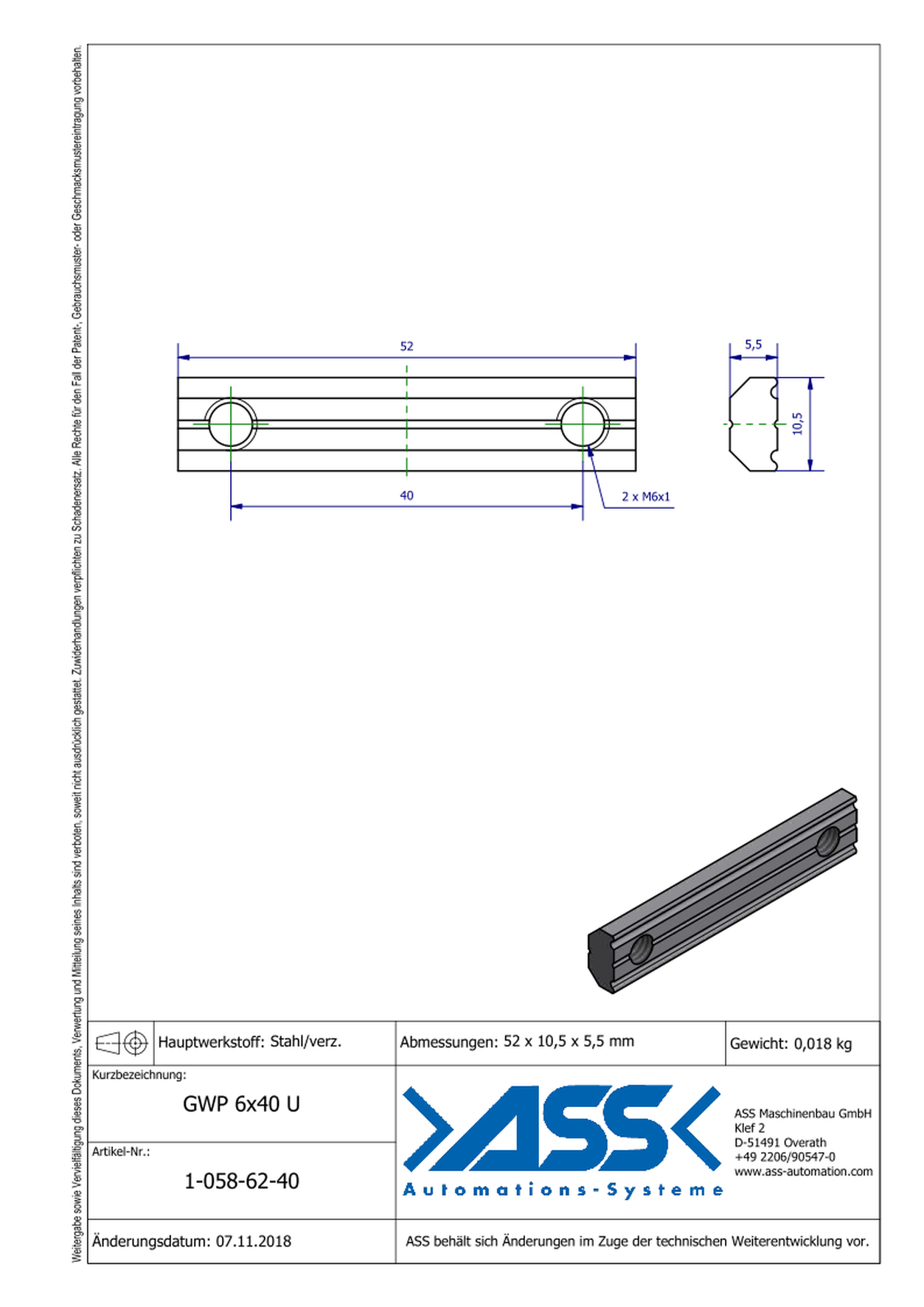 GWP 6-40 U Channel Nut with two Threads M6