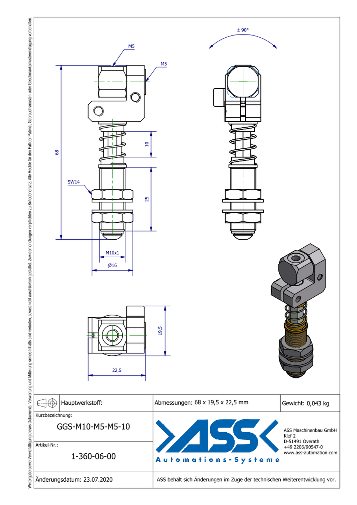 GGS M10-M5-M5-10 Spring Loaded Gripper Arm, locked against rotation