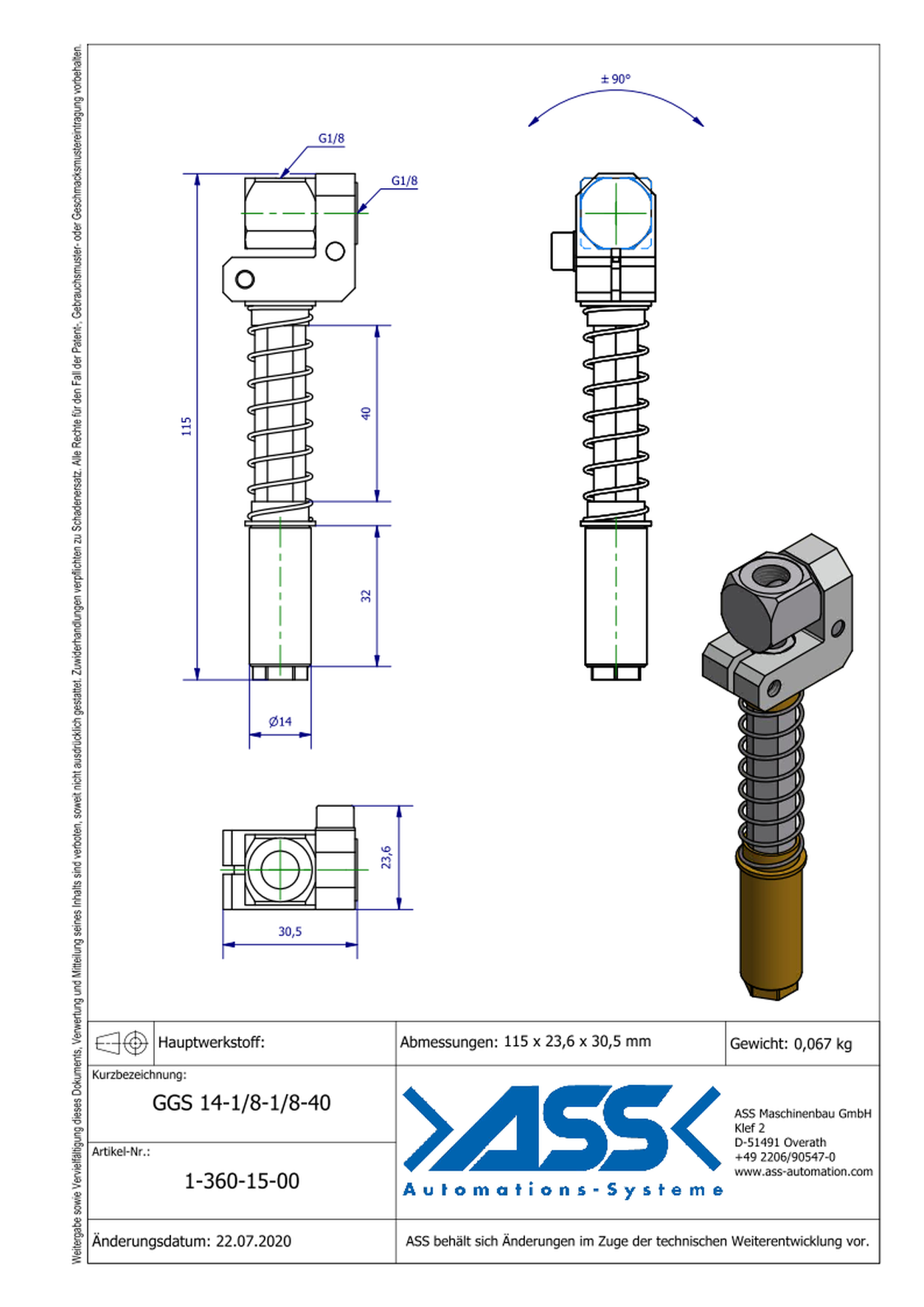 GGS 14-1/8-1/8-40 Spring Loaded Gripper Arm, locked against rotation