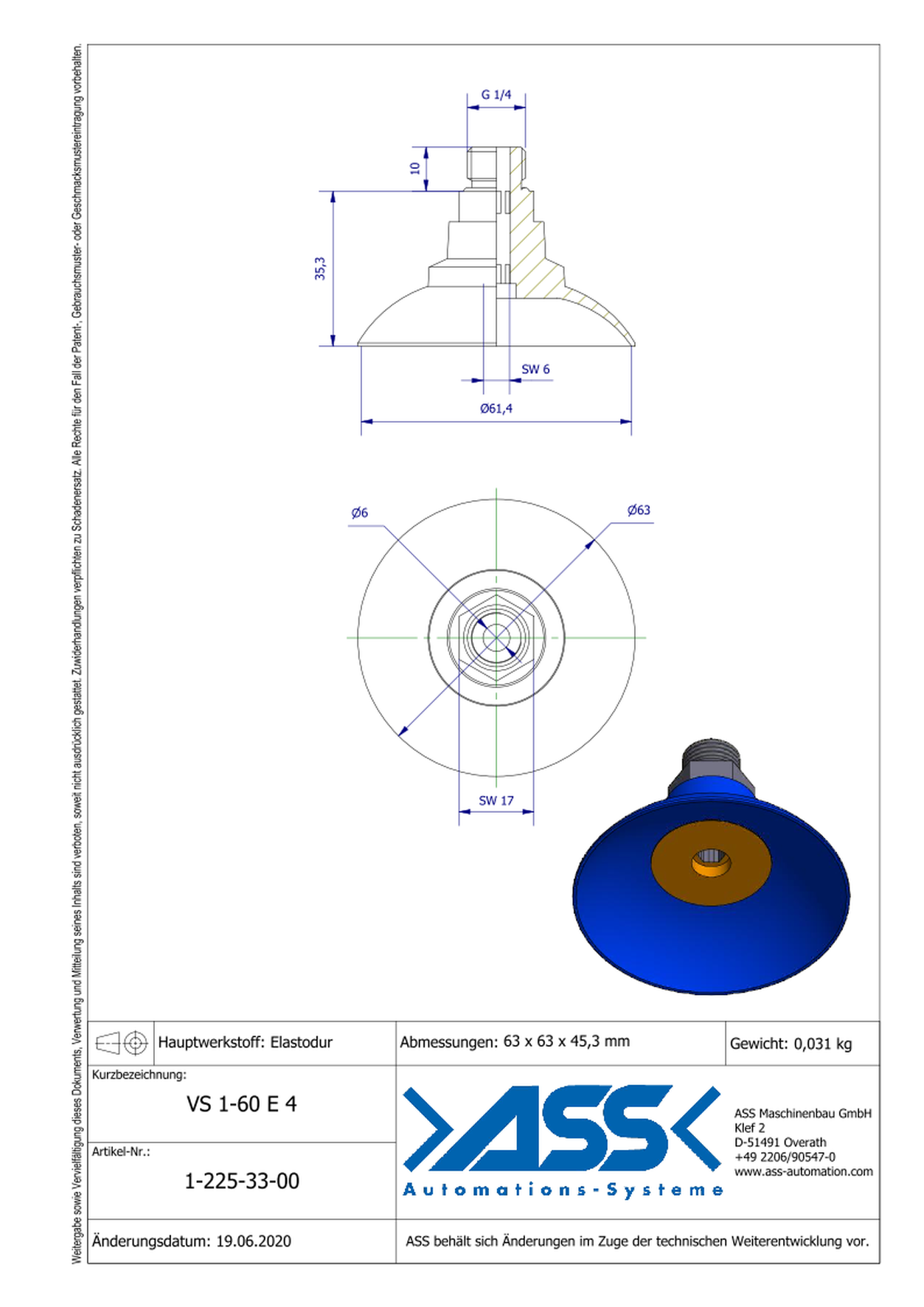 VS 1-60 E 4 Vacuum Cup, 1 Bellow, made of ED