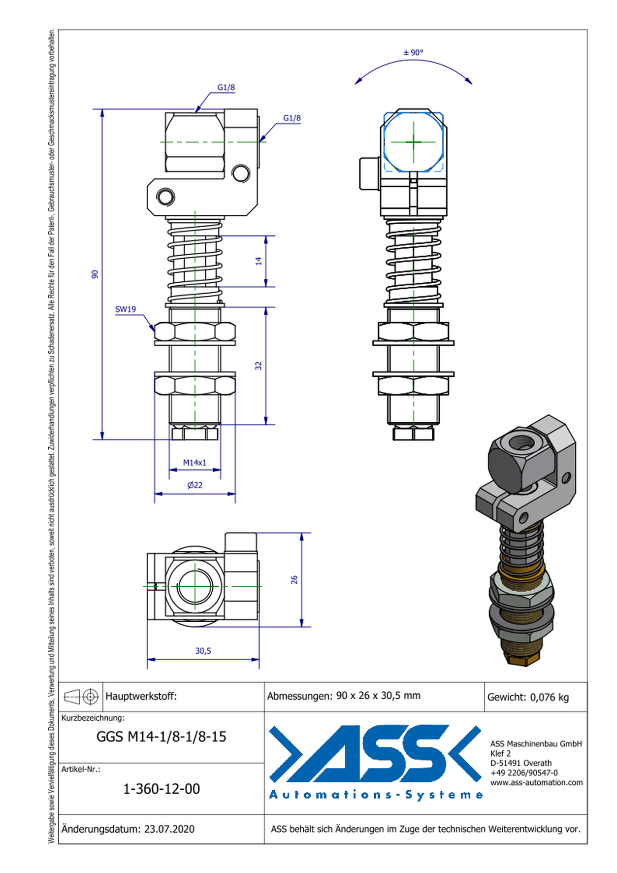 GGS M14-1/8-1/8-15 Spring Loaded Gripper Arm, locked against rotation