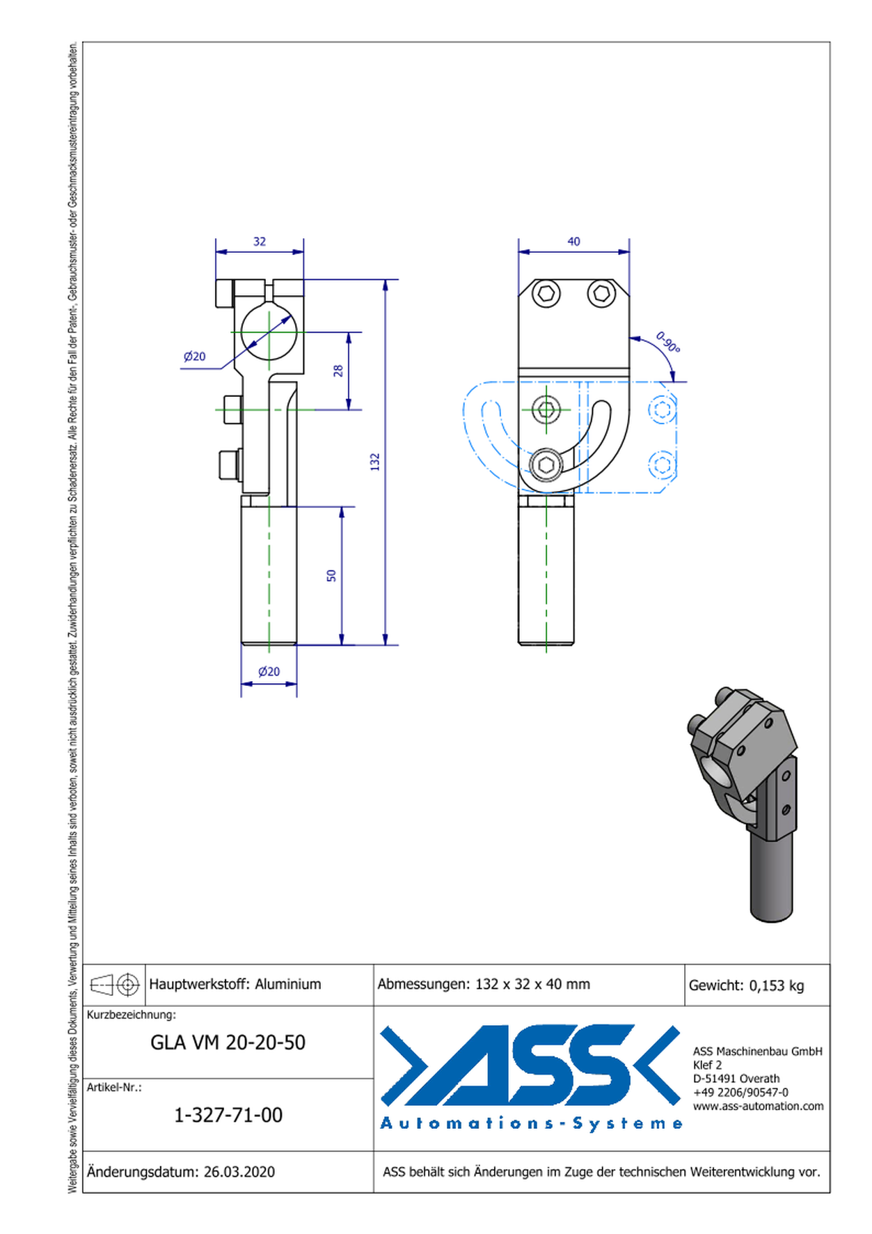 GLA VM 20-20-50 Elbow Gripper Arm, reinfoced, mirrored