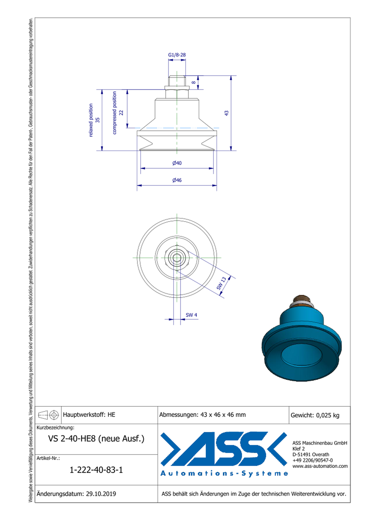 VS 2-40-HE8 (new version) Vacuum Cup, 2 Bellows