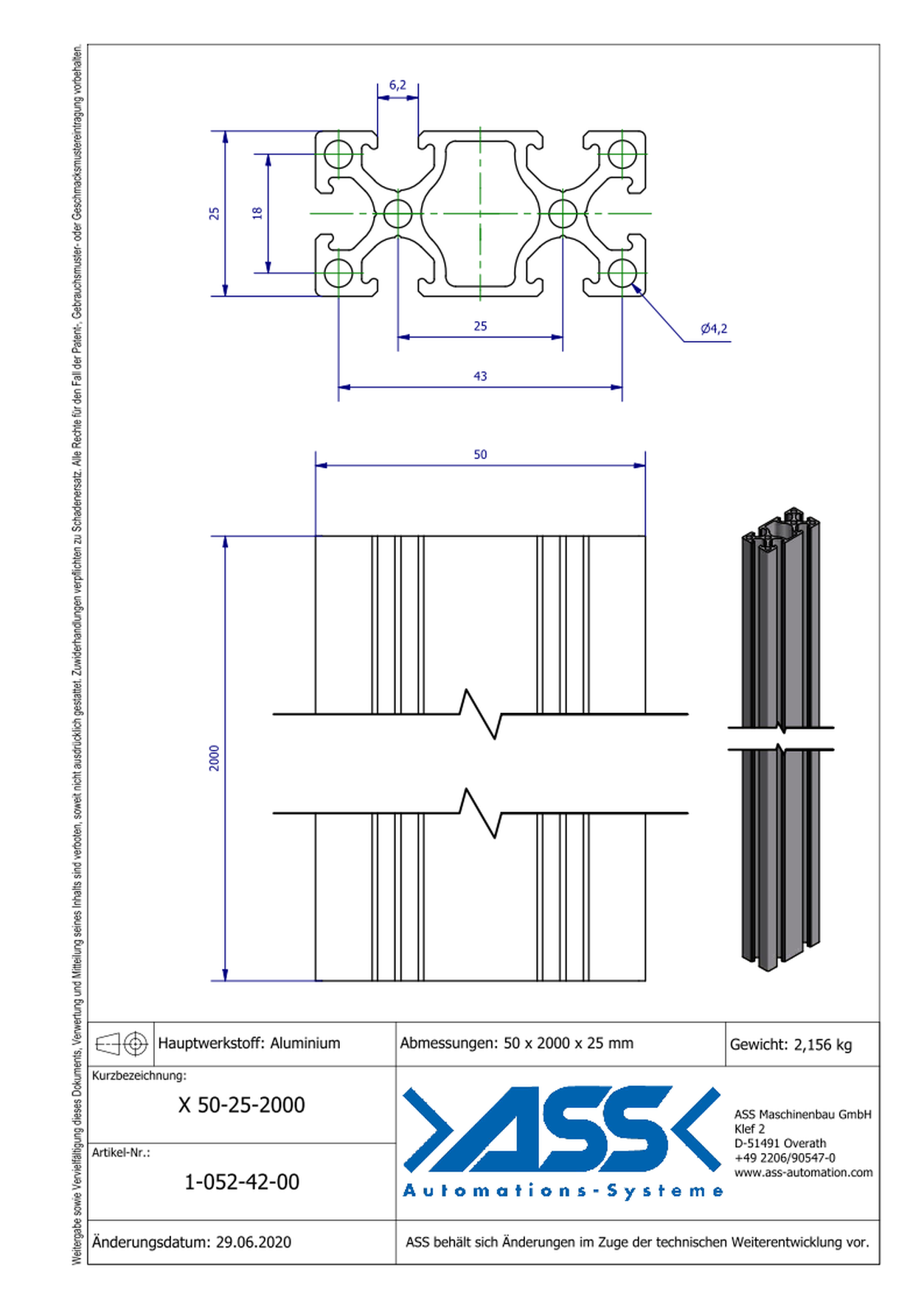 X 50-25-2000 Aluminiumprofile 2000 mm