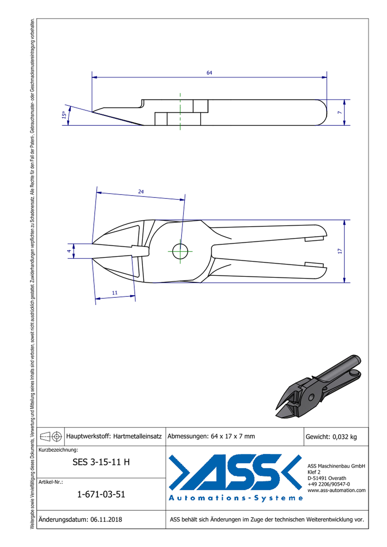 SES3-15-11H Nipper Blade Standard for ASN 3