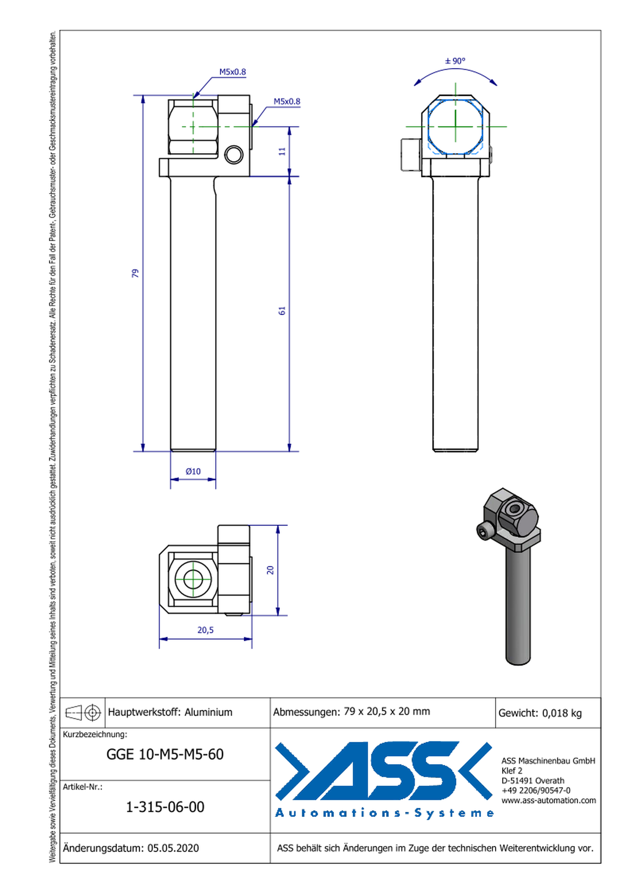 GGE 10-M5-M5-60 Elbow Gripper Arm for Vacuum Cups