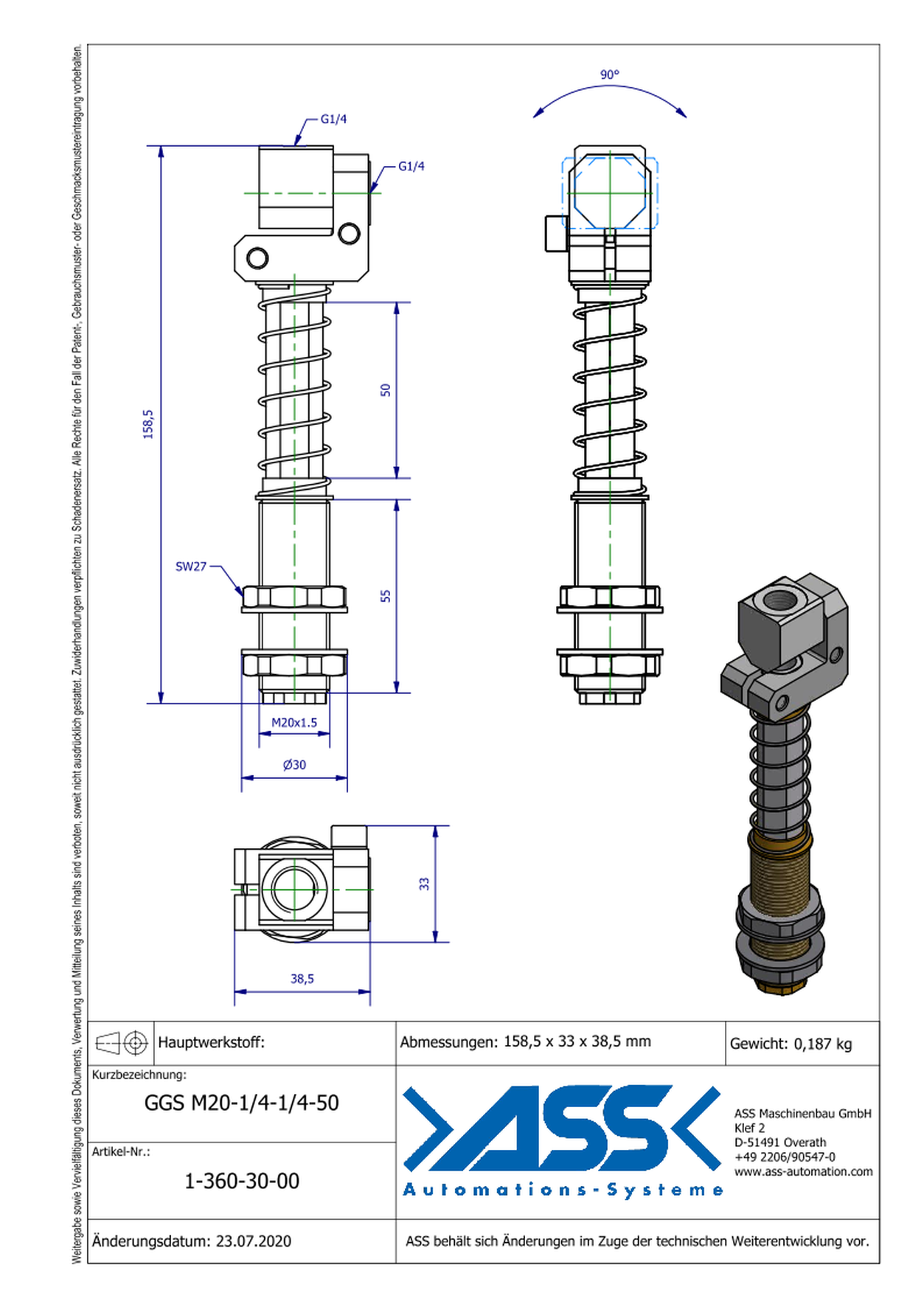 GGS M20-1/4-1/4-50 Spring Loaded Gripper Arm, locked against rotation