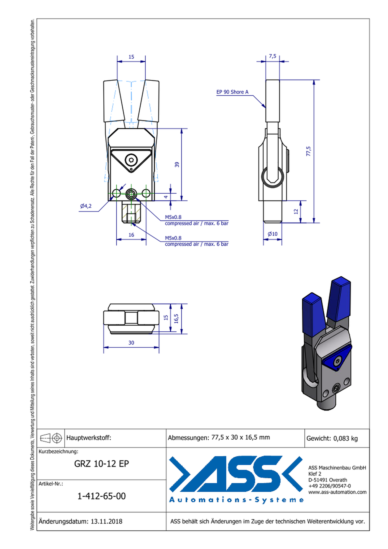 GRZ 10-12 EP Gripper, Jaw Type: both sides EP Coating, blue