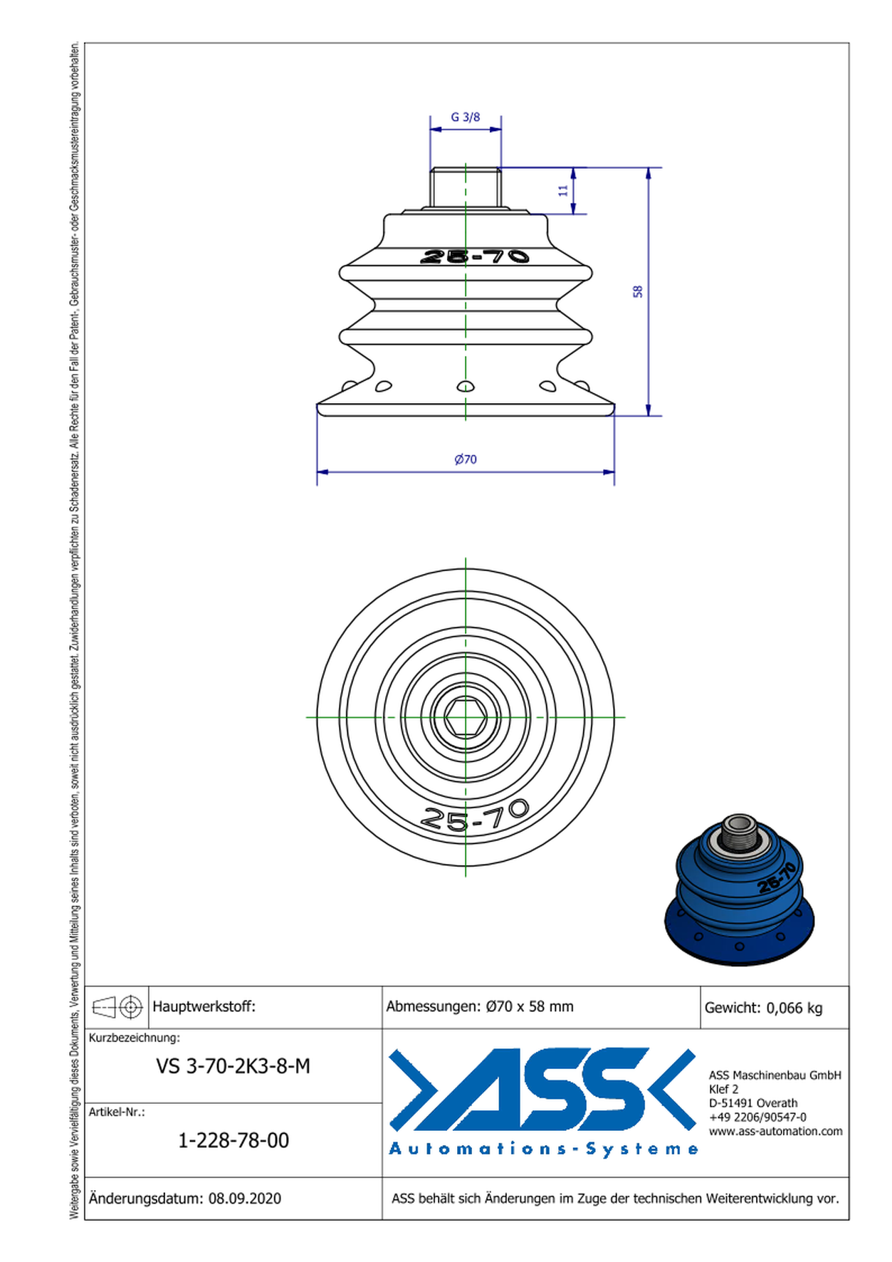 VS 3-70-2K3-8-M 2-Componet Vacuum Cup with 3 Bellows