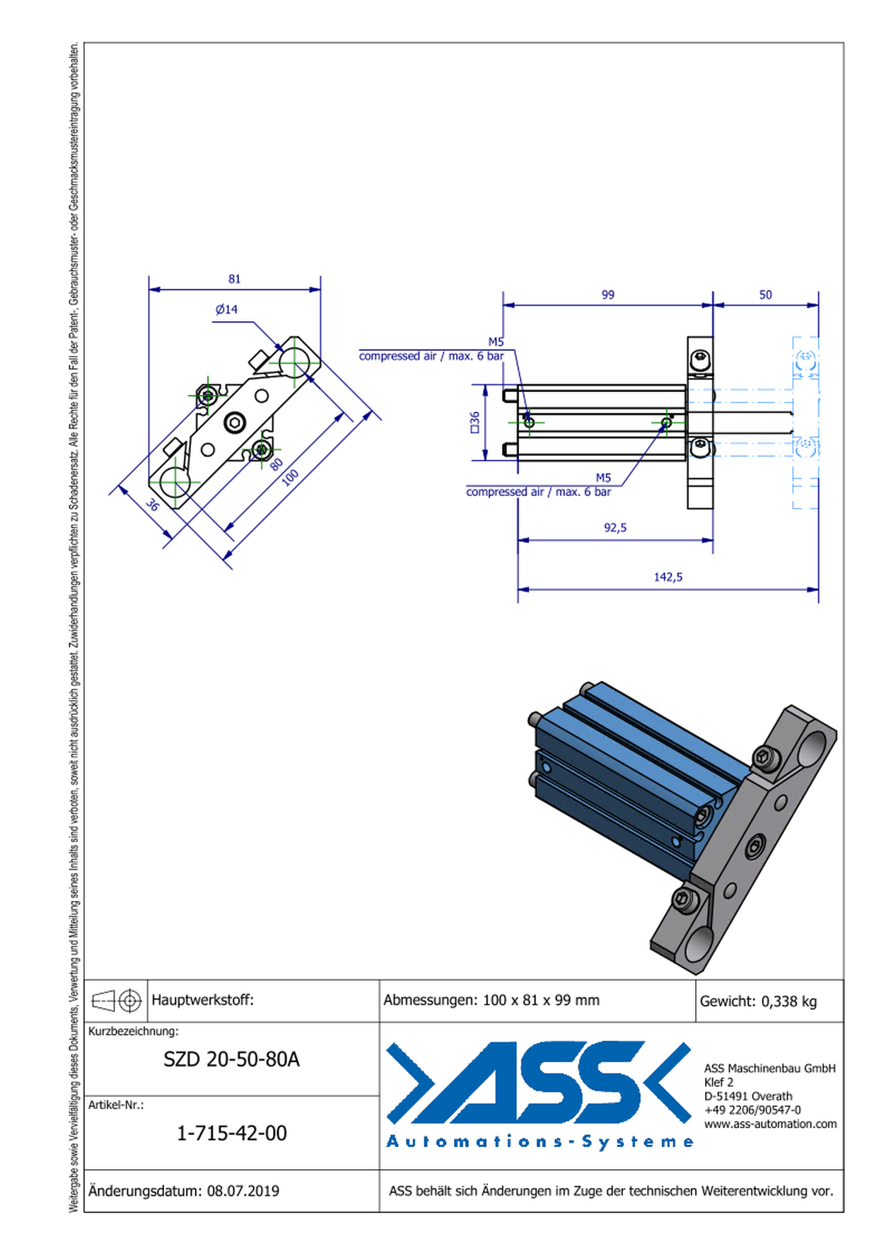 SZD 20-50-80A Special Short Stroke Cylinder