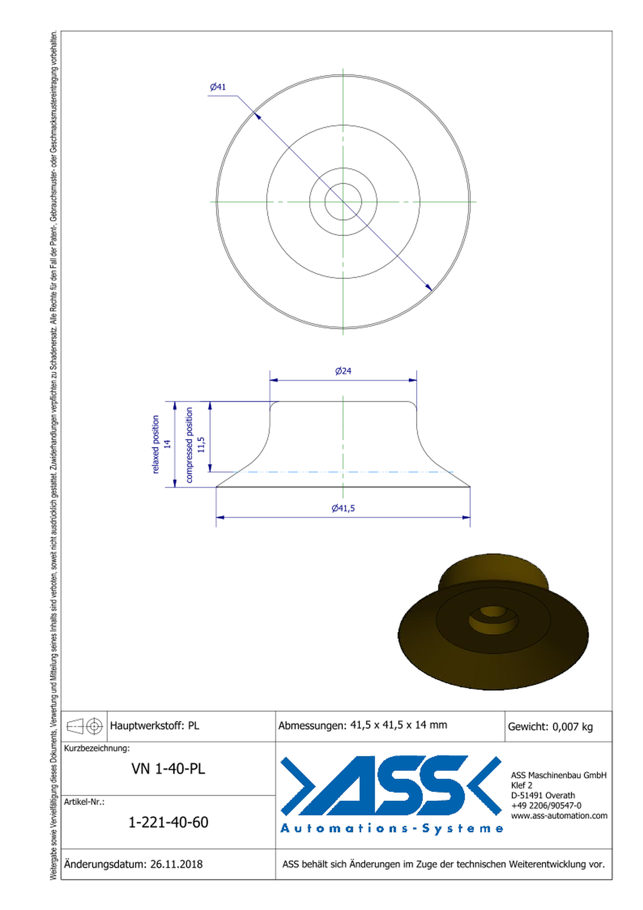 VN 1-40-PL Suction Cup, 1 Bellow