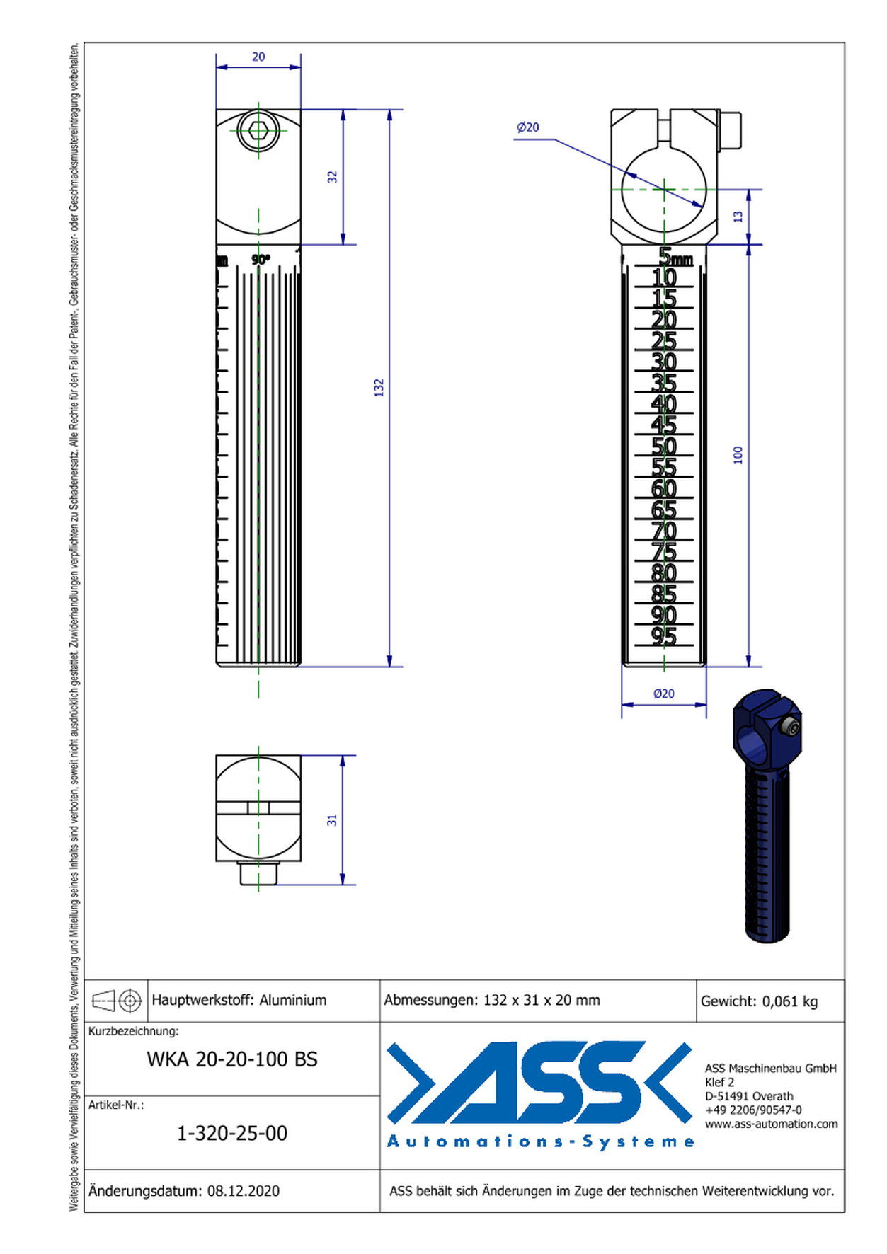 WKA 20-20-100 BS Angle Arm, Blue Scale