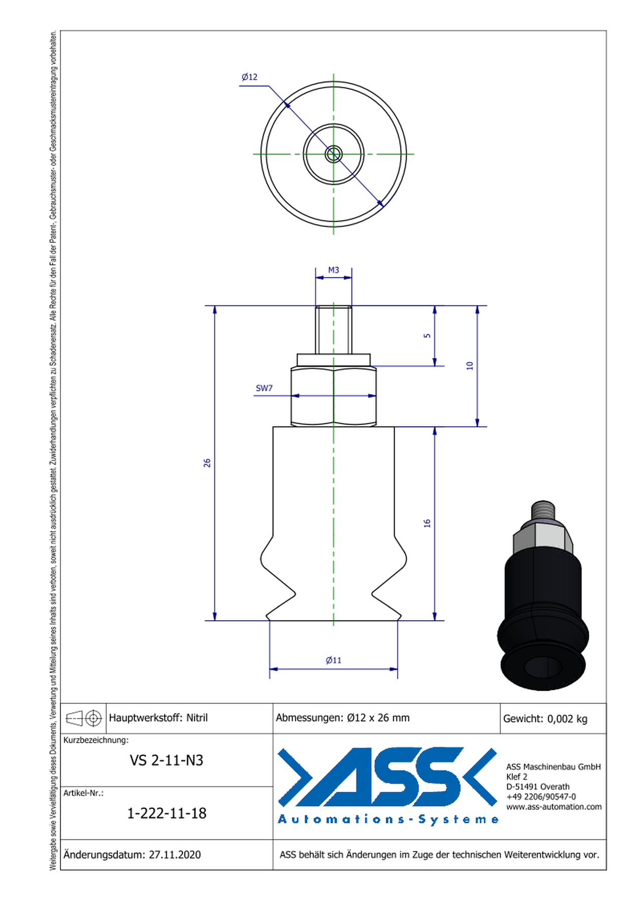 VS 2-11-N3  Vacuum Cup, 2 Bellows