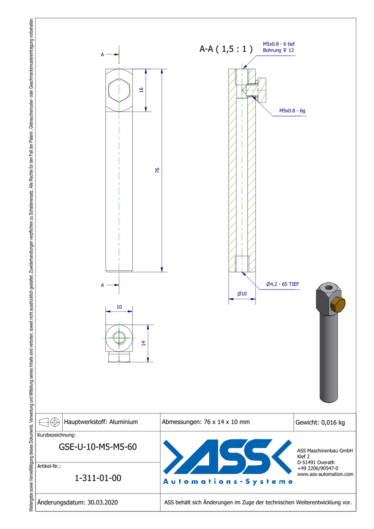 GSE U 10-M5-M5-60 Gripper Arm for Vacuum Cups with Air Duct