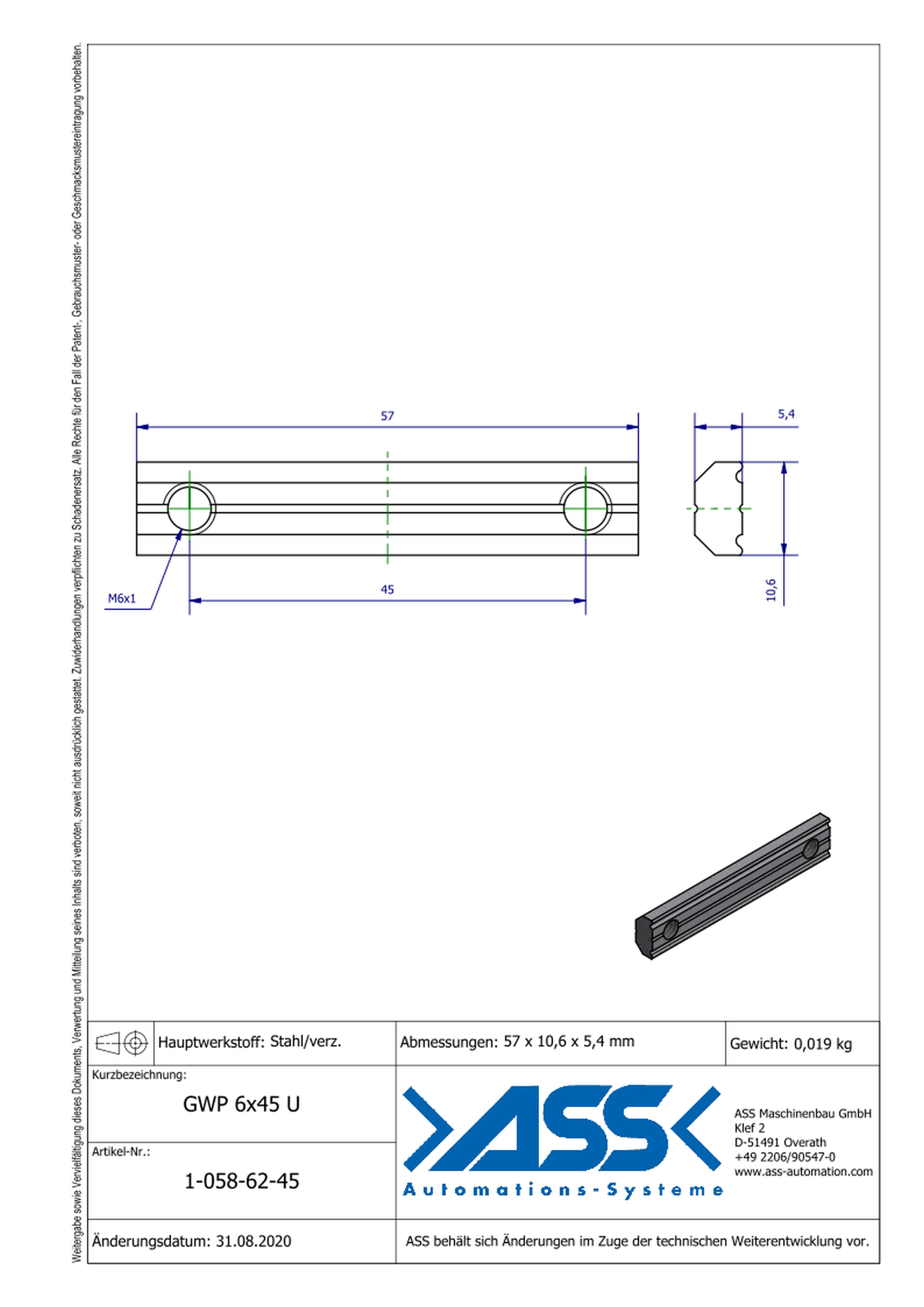 GWP 6-45 U Channel Nut with two Threads M6