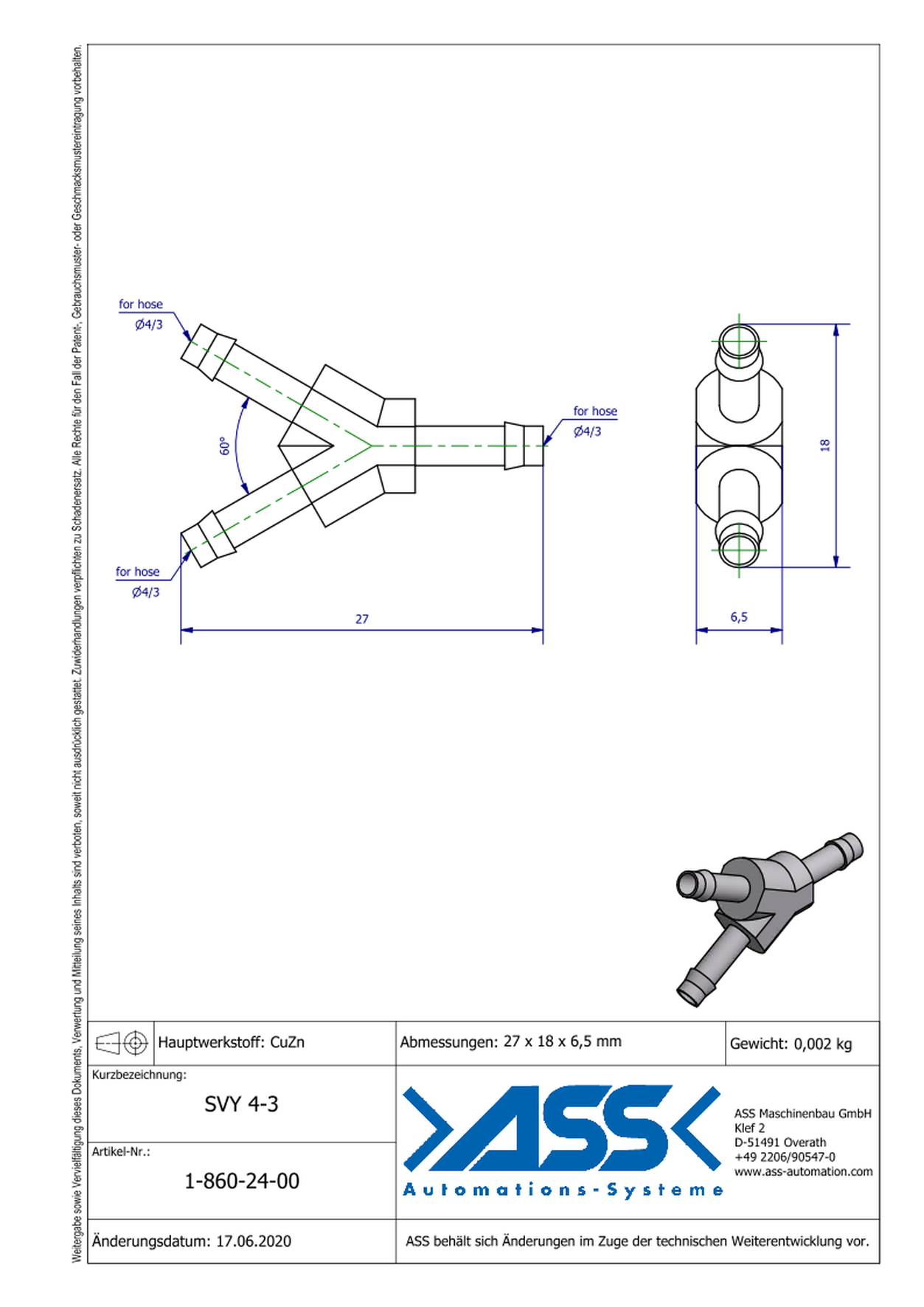 SVY 4-3 Y Hose Connector