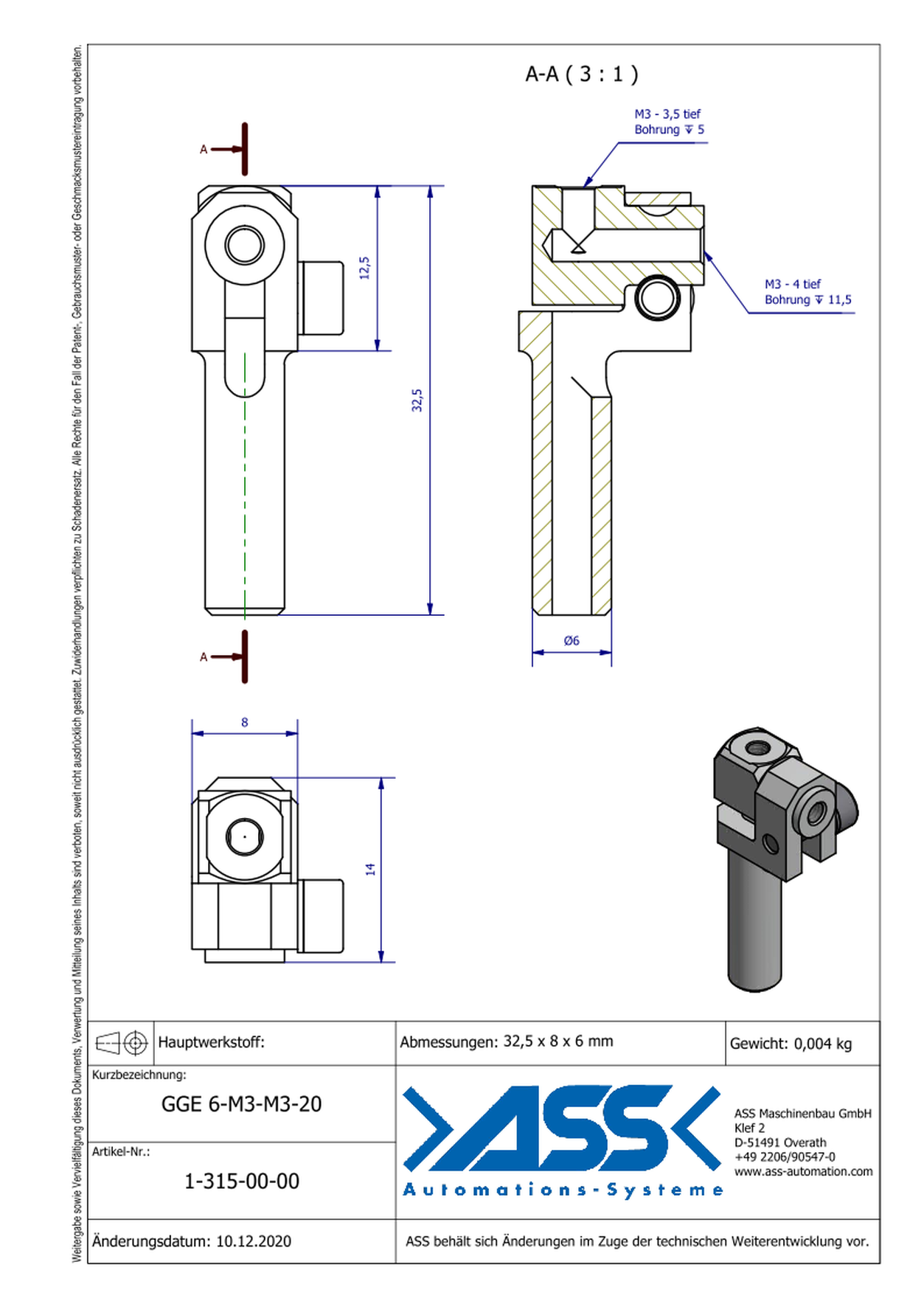 GGE 6-M3-M3-20 Elbow Gripper Arm for Vacuum Cups, Micro Series