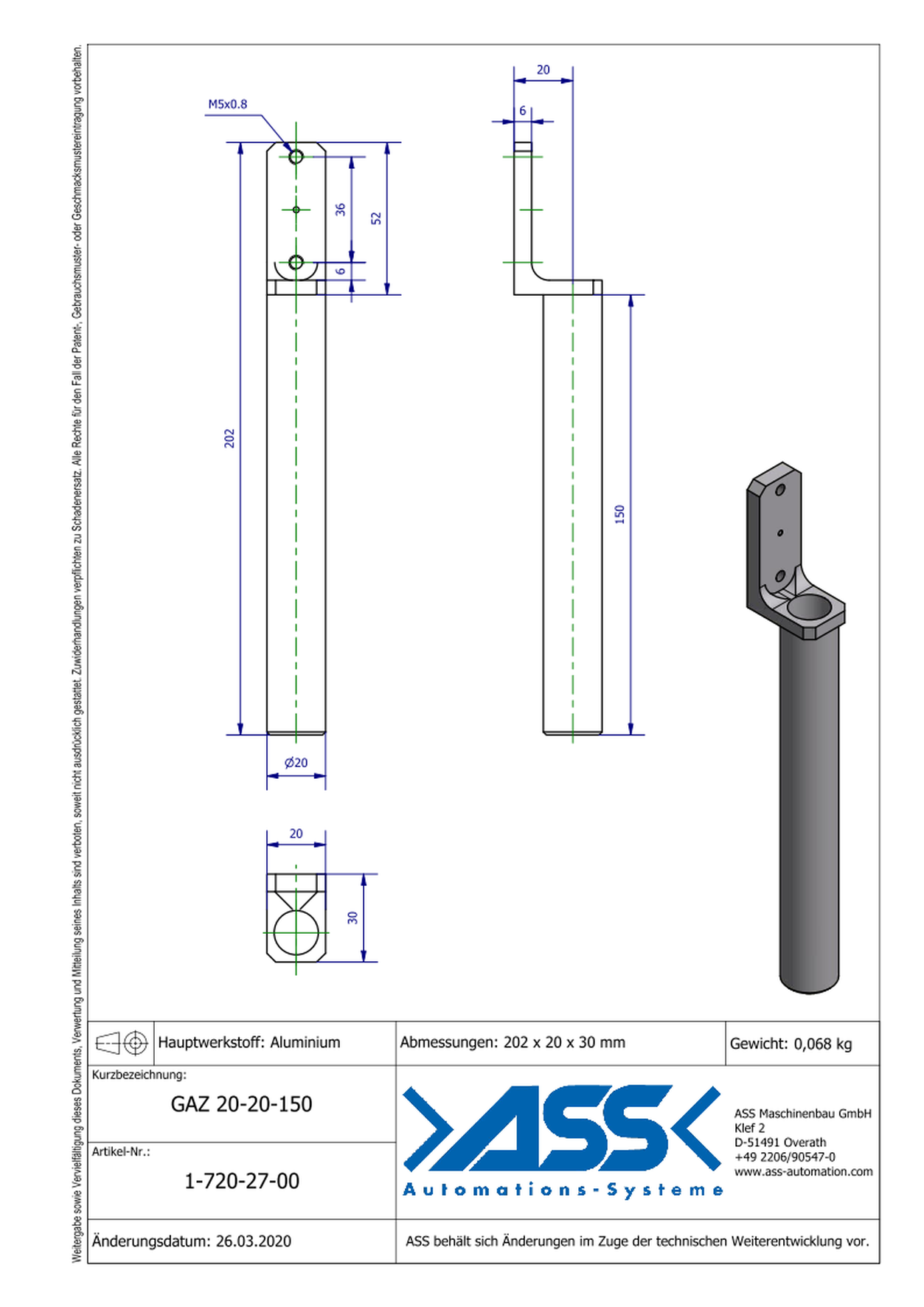 GAZ 20-20-150 Gripper Arm for Short Stroke Cylinder 