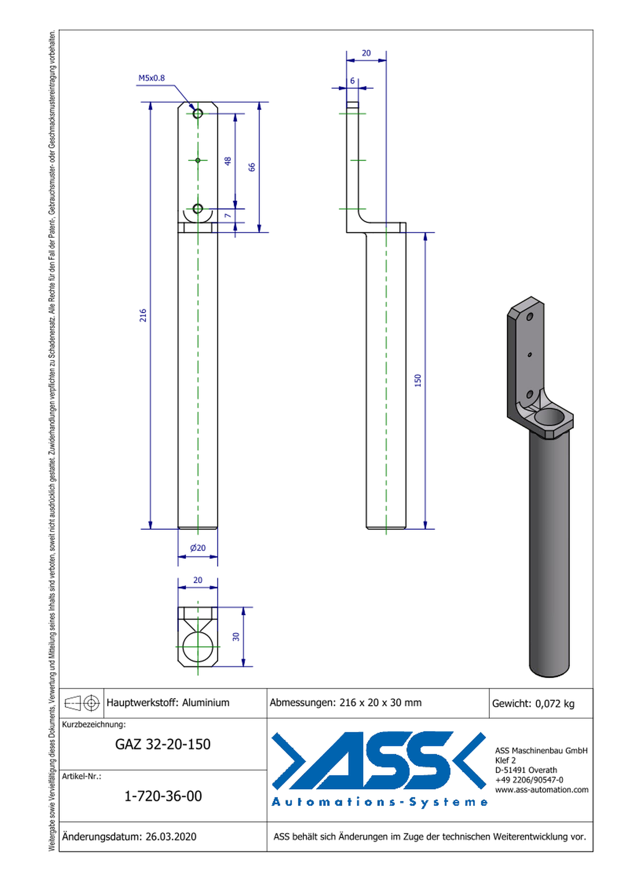 GAZ 32-20-150 Gripper Arm for Short Stroke Cylinder 