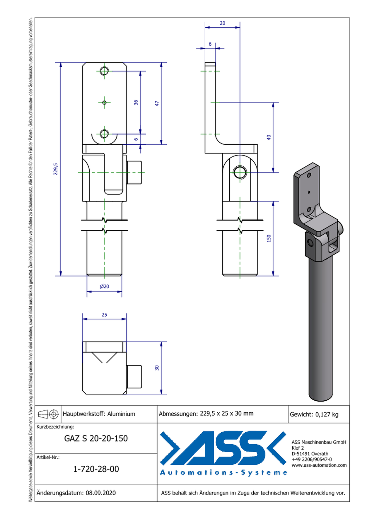 GAZ S 20-20-150 Gripper Arm for Short Stroke Cylinder, with Swivel